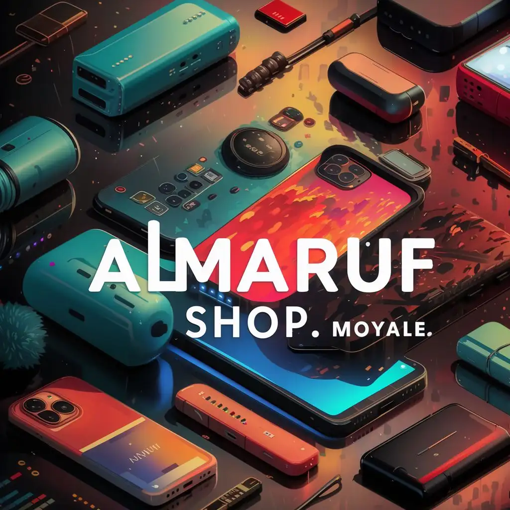 logo, Tech Accessories. Dealers in smartphones, power banks, earpods and phone covers. Colourful, realistic and vivid image, with the text "AL~MAARUF SHOP. MOYALE", typography, be used in Retail industry