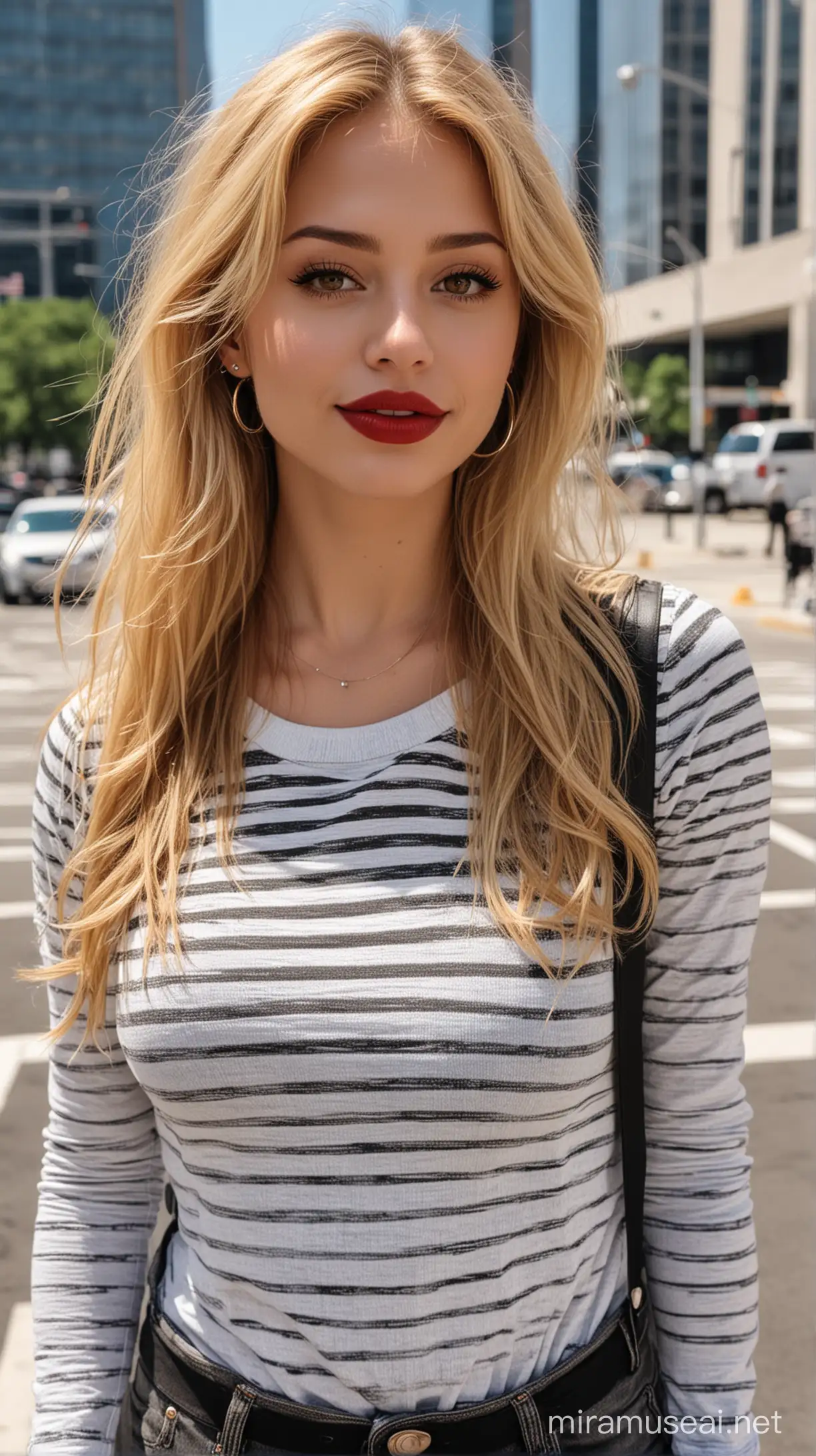 4k Ai art front view beautiful USA girl golden hair red lipstick nose ring ear tops brown jeans and black white line shirt in usa skyscraper parking