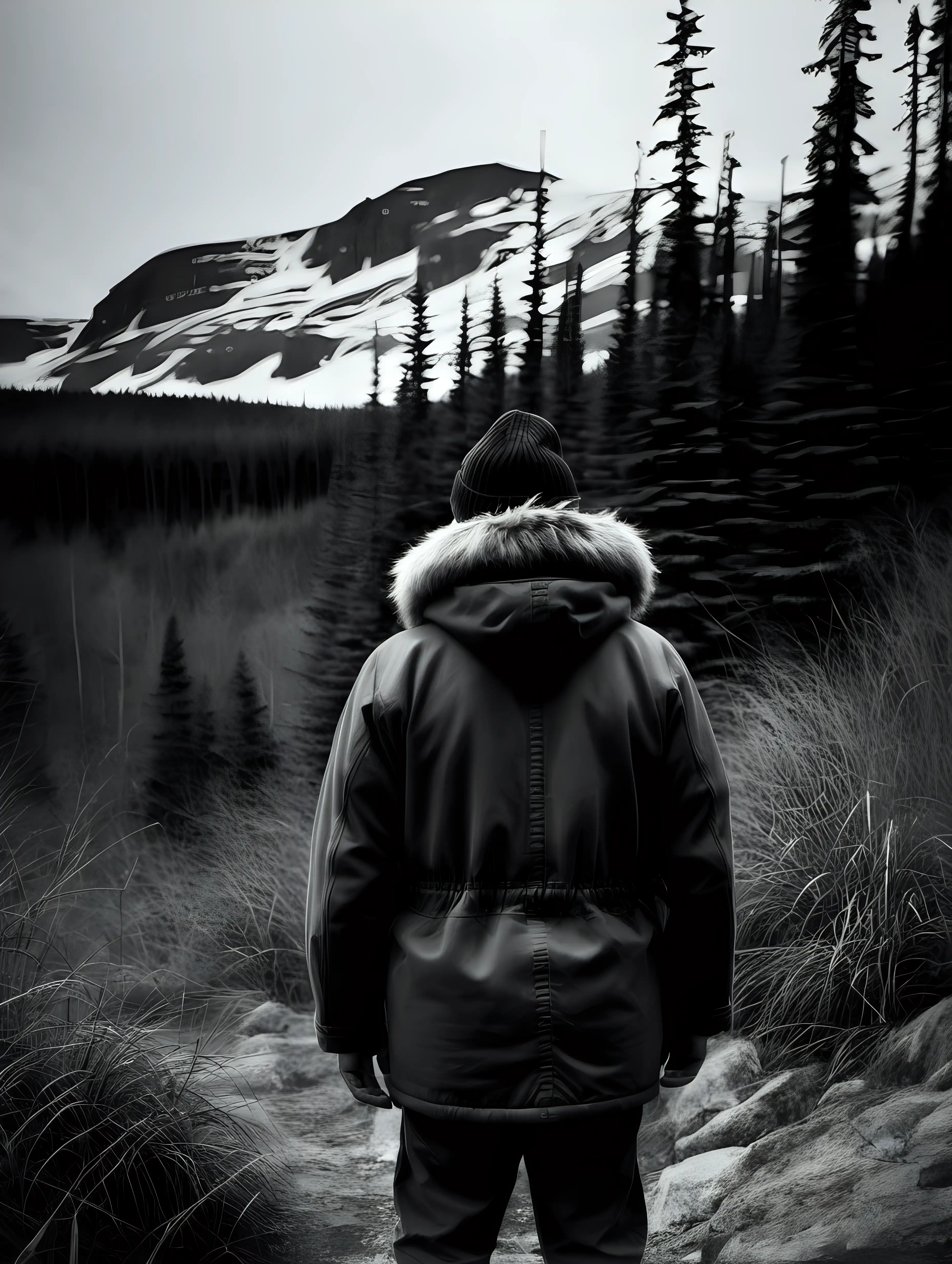 Moody Black and White Image of a Man in Wooly Hat and Parka in Canadian Wilderness