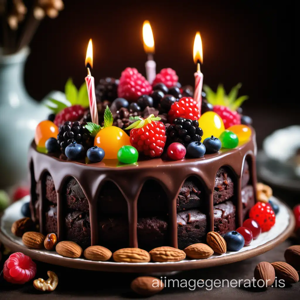 Chocolate birthday cake, berries, nuts, candied fruits, food photography, beautiful, delicious food, recipe photography, realistic, under natural lighting, colorful, food art, still life food photography, ultra HD, bokeh, cinematic