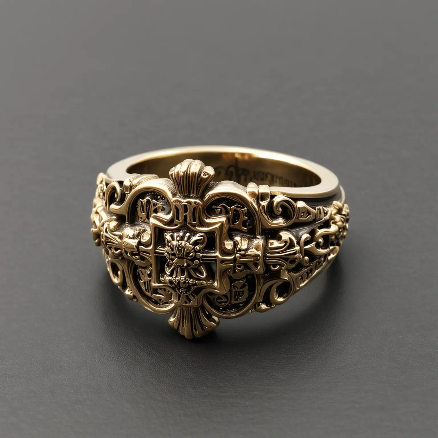 design a Chrome Hearts styled ring antique Gold inspired by chrome hearts
