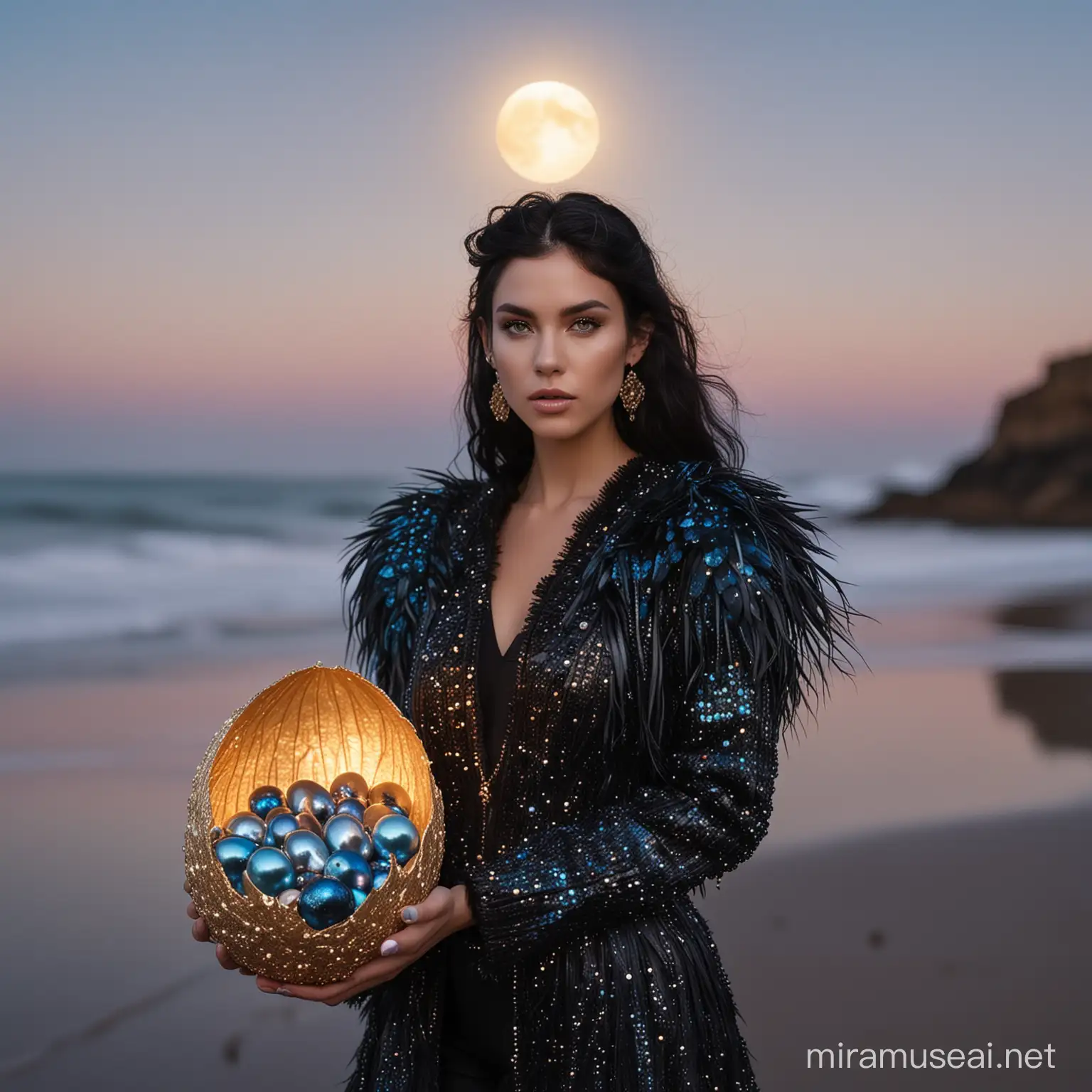 A gorgeous glowing woman model holding a metallic black blue colored tiny dragon inside golden eggshell, pearl iridescent colors, wearing metallic black shiny Schiapirelli inspired couture feather jacket, silver shiny crone, extreme long black hair, wes anderson color palette, night with huge moon beach background, 35mm photography