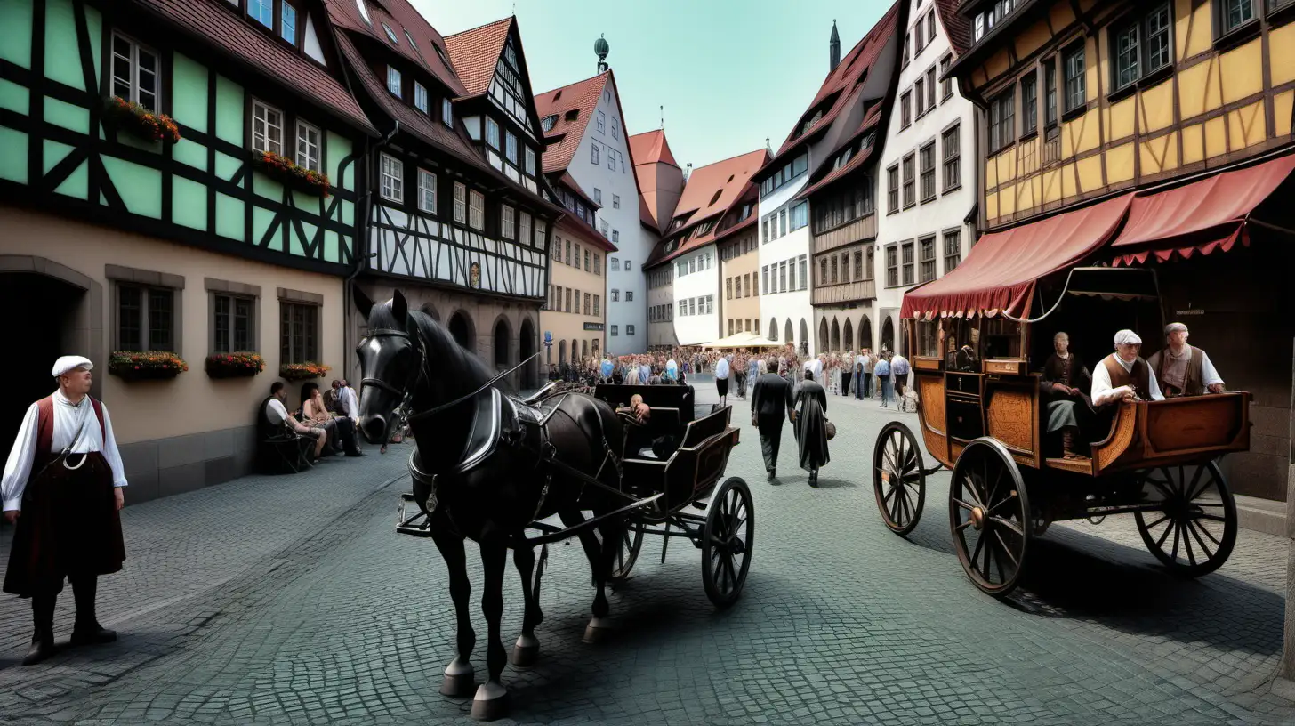 Highly detailed, cinematic,  sharp, precise, realistic photography, colored,  outside, summer, (historical Nuremberg 1550, a small, shady side street, medieval dressed people and passers-by, a distant horse-drawn carriage) 