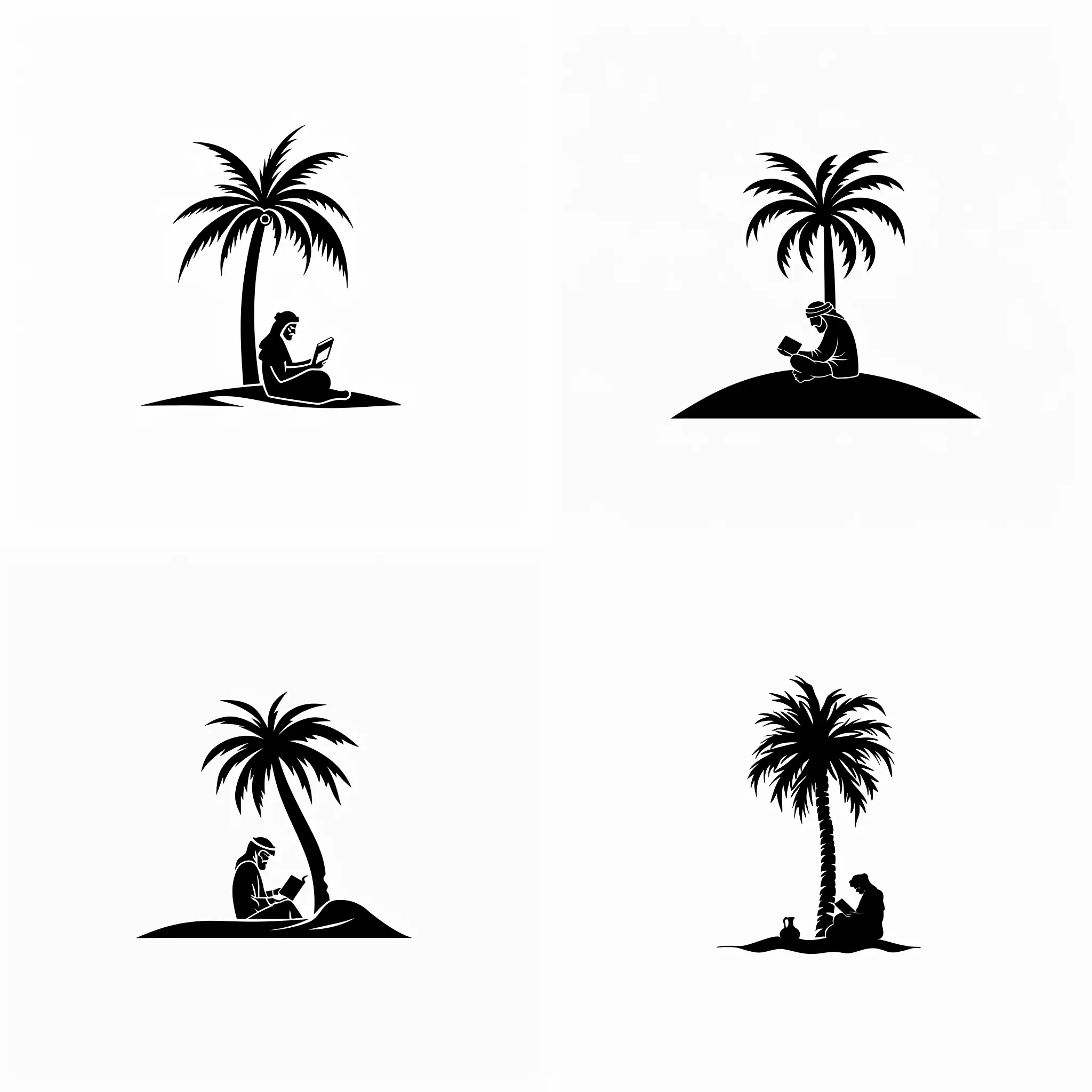 A simple logo of a middle eastern baddwi reading a book under a palm tree in oasis make the background all white and the guy and palm tree and the whole oasis black