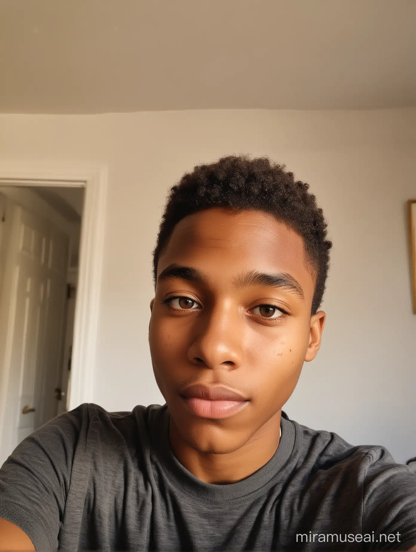 Un jeune garçon de teint clair africain qui se retrouve à Paris dans sa chambre et prends un selfie