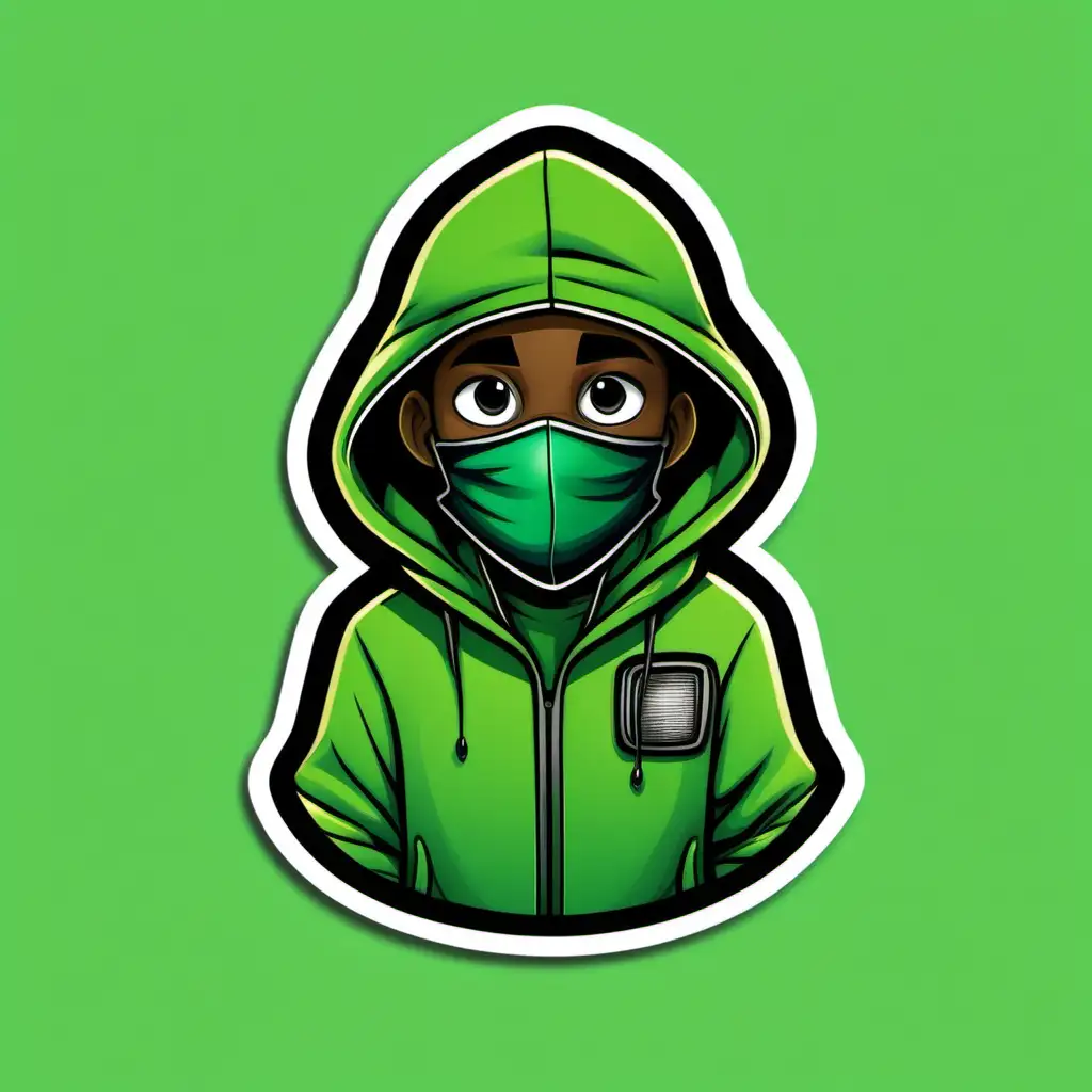 cartoon Roadman in a Green tech fleece with hood up and a balaclava on as a sticker icon with a clear background