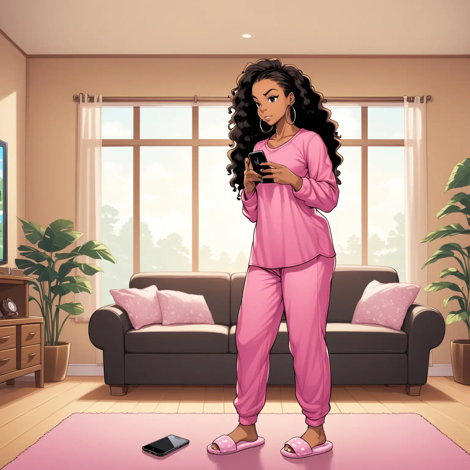 create the boondocks cartoon styled character, hourglass athletic figured african american woman with long black messy hair, pink pajamas with house slippers, in the living room backgorund, looking at her iphone