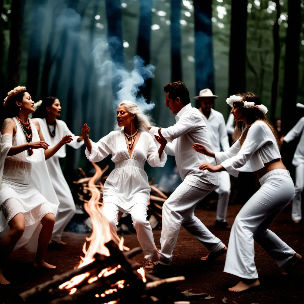 People wearing all white dancing around a fire in the forest in a shamanic ceremony