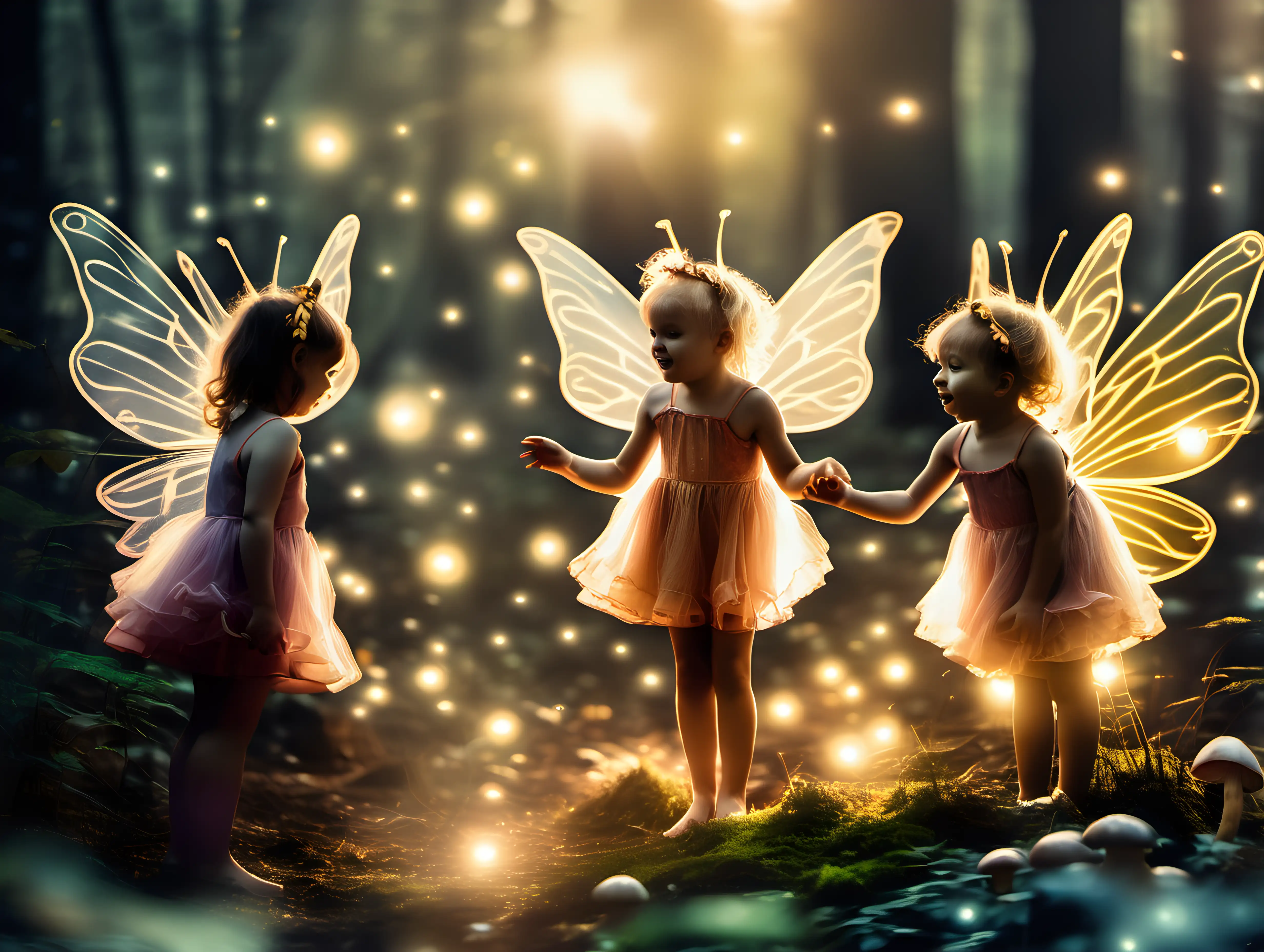 Enchanting Morning Play Young Fairies Amidst Glowing Orbs in the Forest