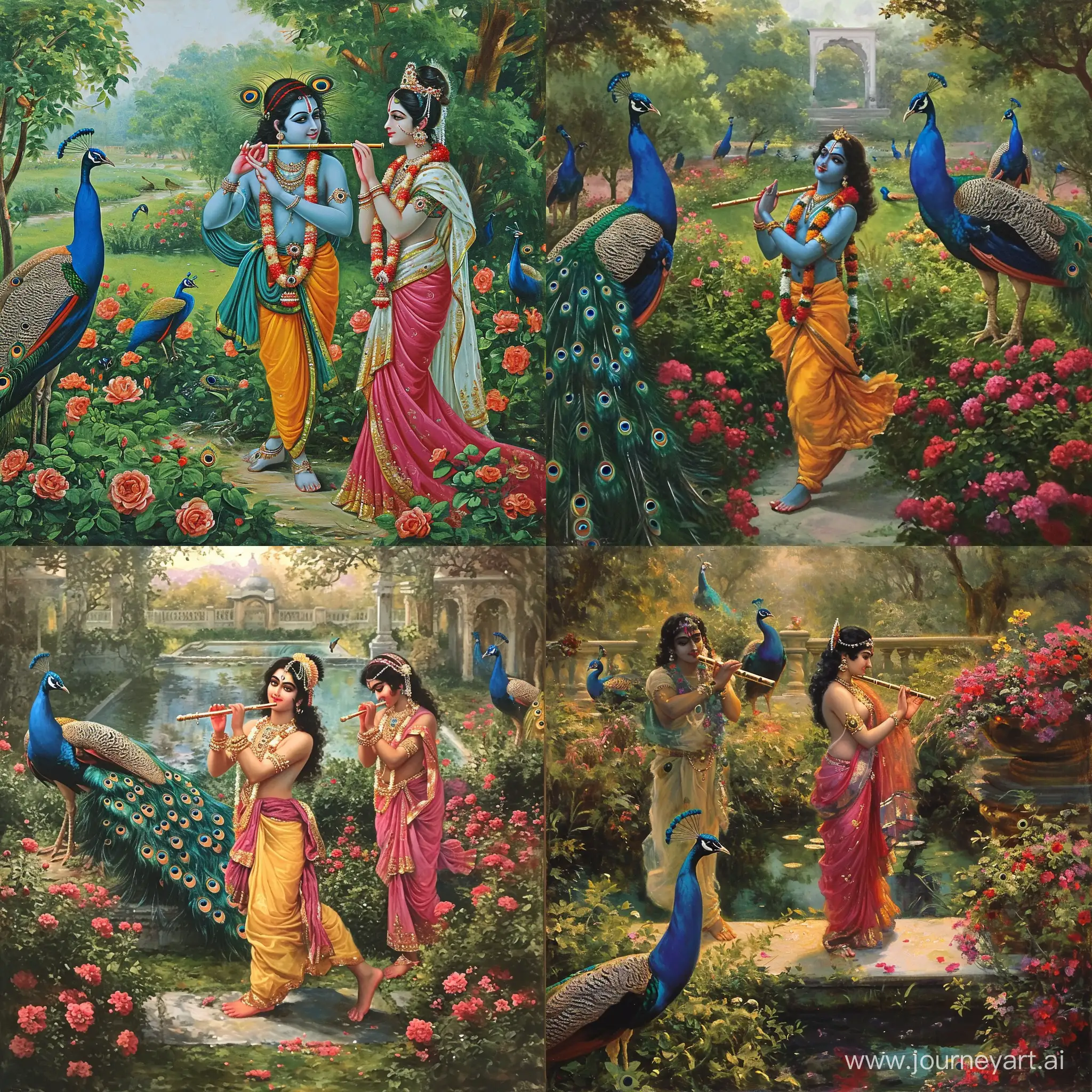 Create Radha Krishna painting with Krishna playing flute standing in garden and peacocks around.