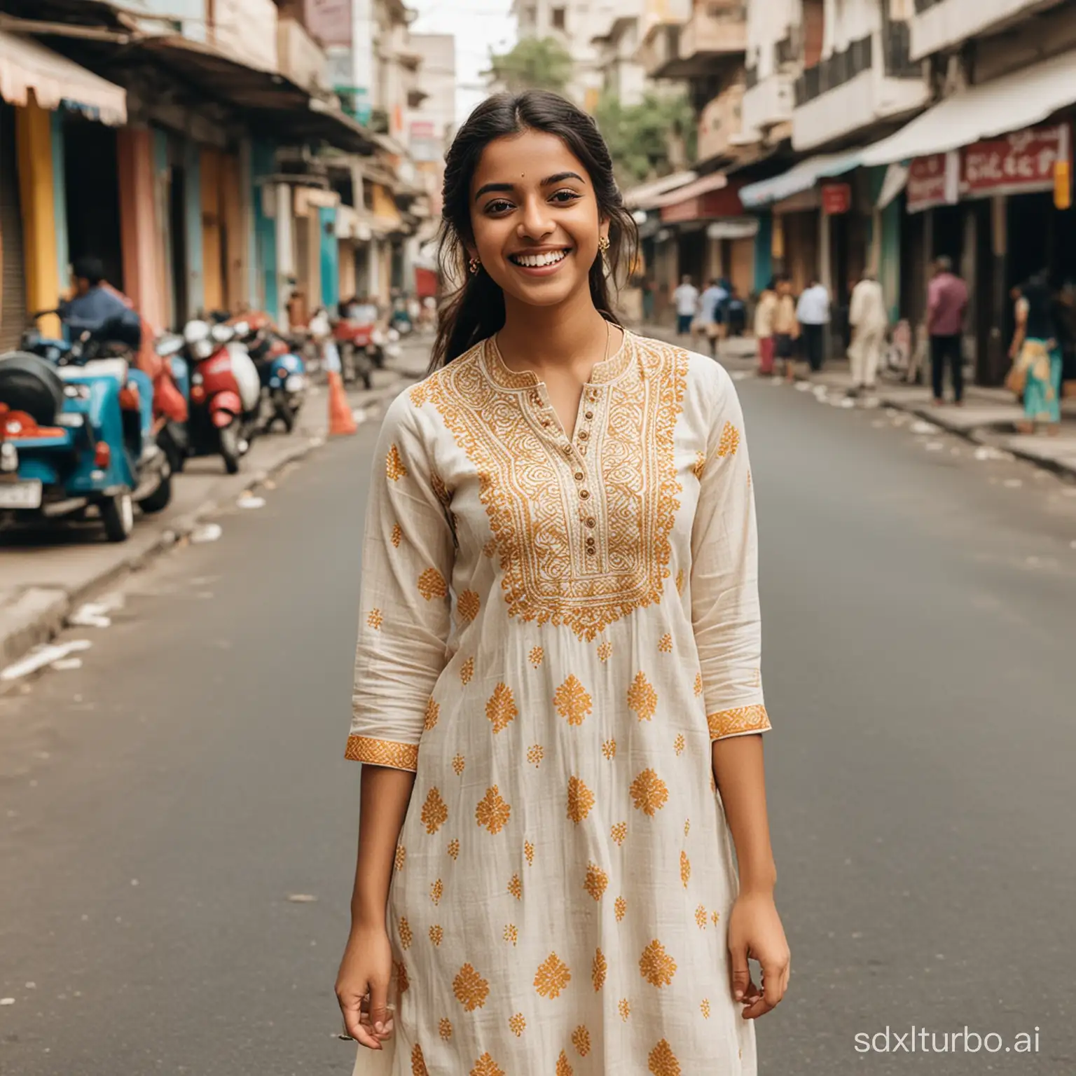 A girl in Indian attire wearing kurta and smiling on a random street