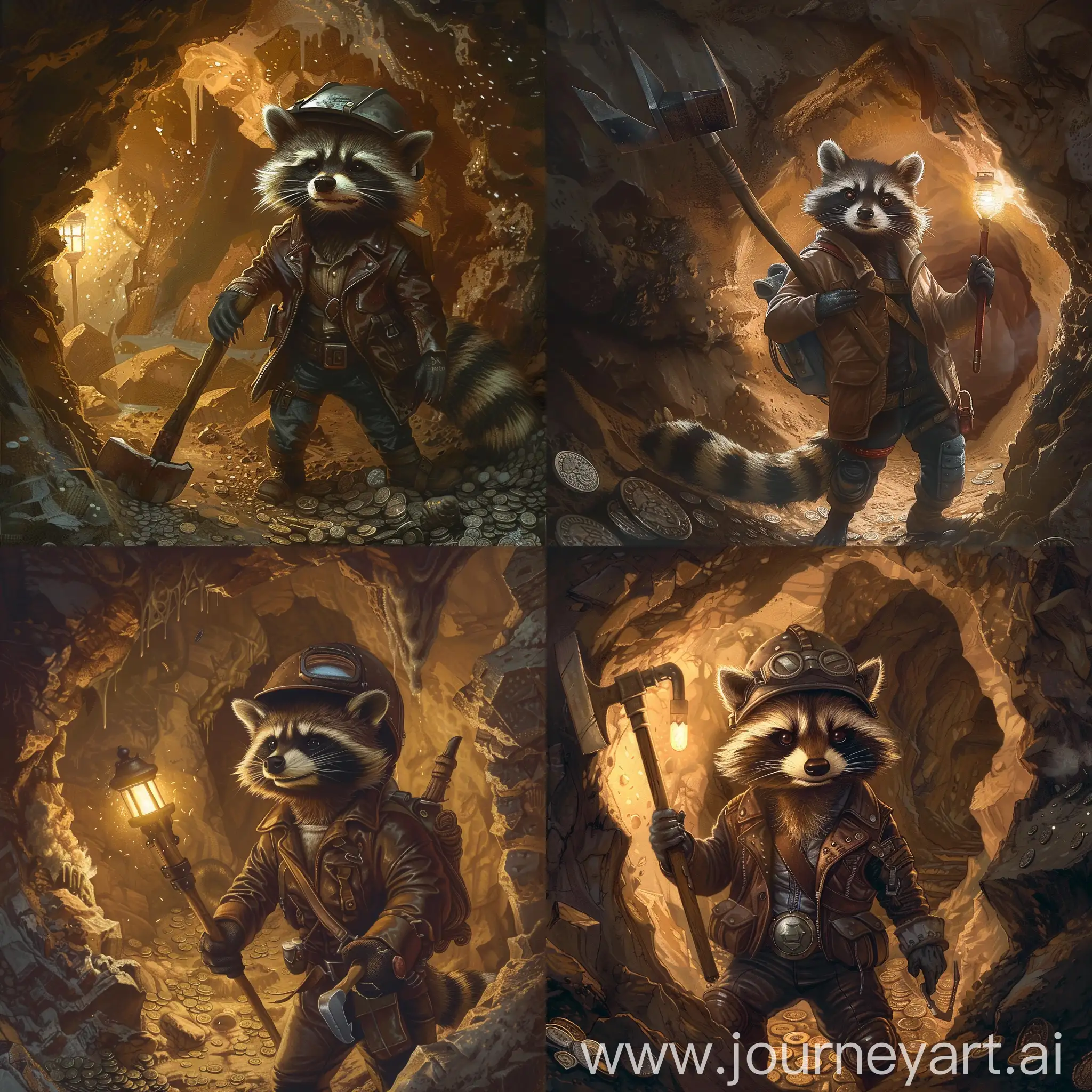Raccoon-Miner-in-Leather-Jacket-Extracting-Coins-in-Cave
