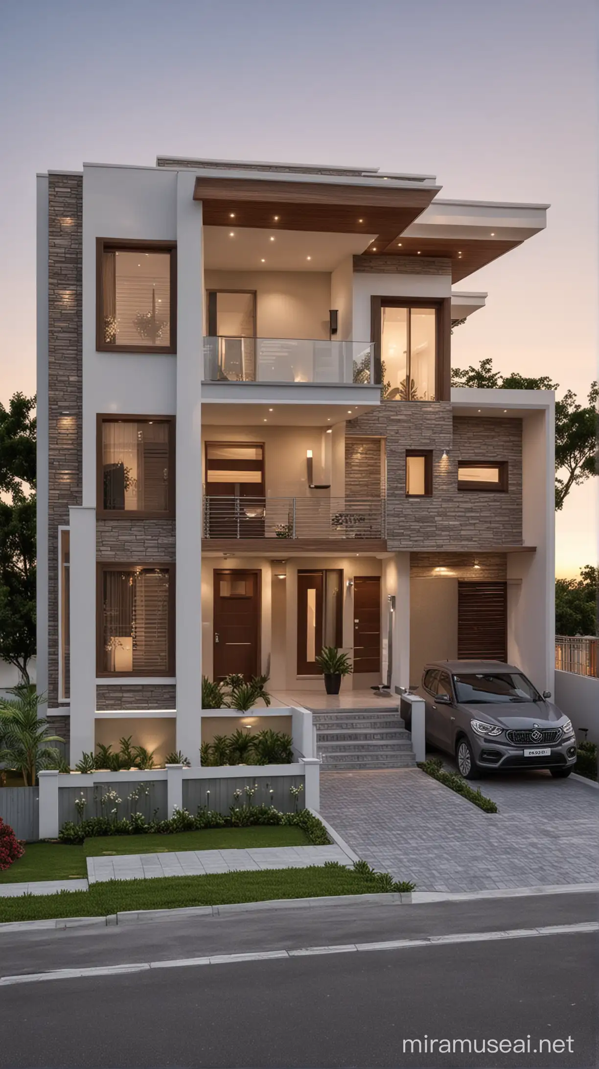 BudgetFriendly TwoStory Small Front House Design with Flat Roof and Wooden Aesthetic Lighting