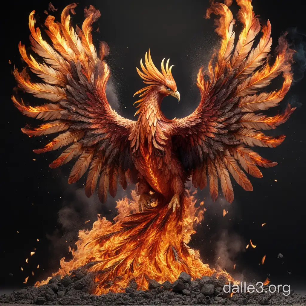 Create an image of a majestic phoenix with wings made of flames, rising triumphantly from a pile of smoldering ashes, symbolizing its glorious rebirth and renewal. Hyper realism
