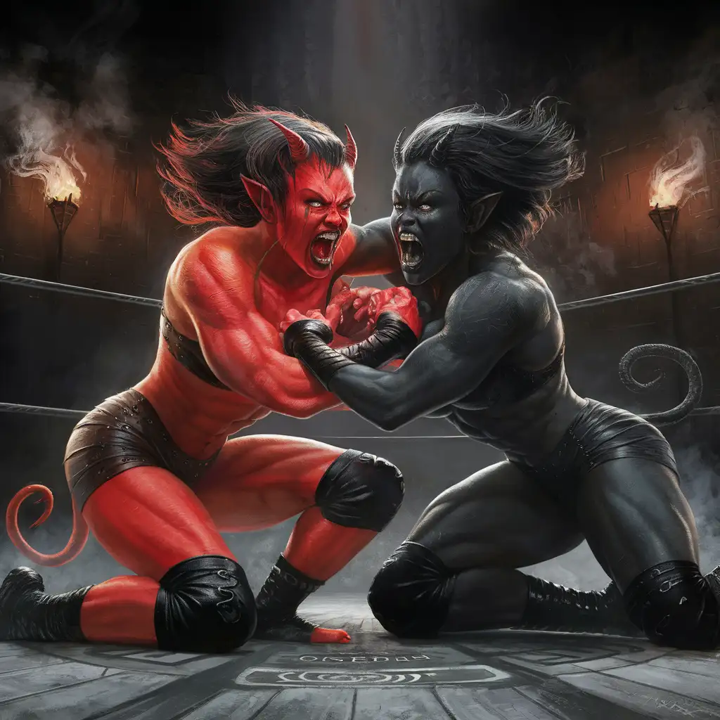 Intense Battle Muscular Red and Black Demon Girls Wrestling