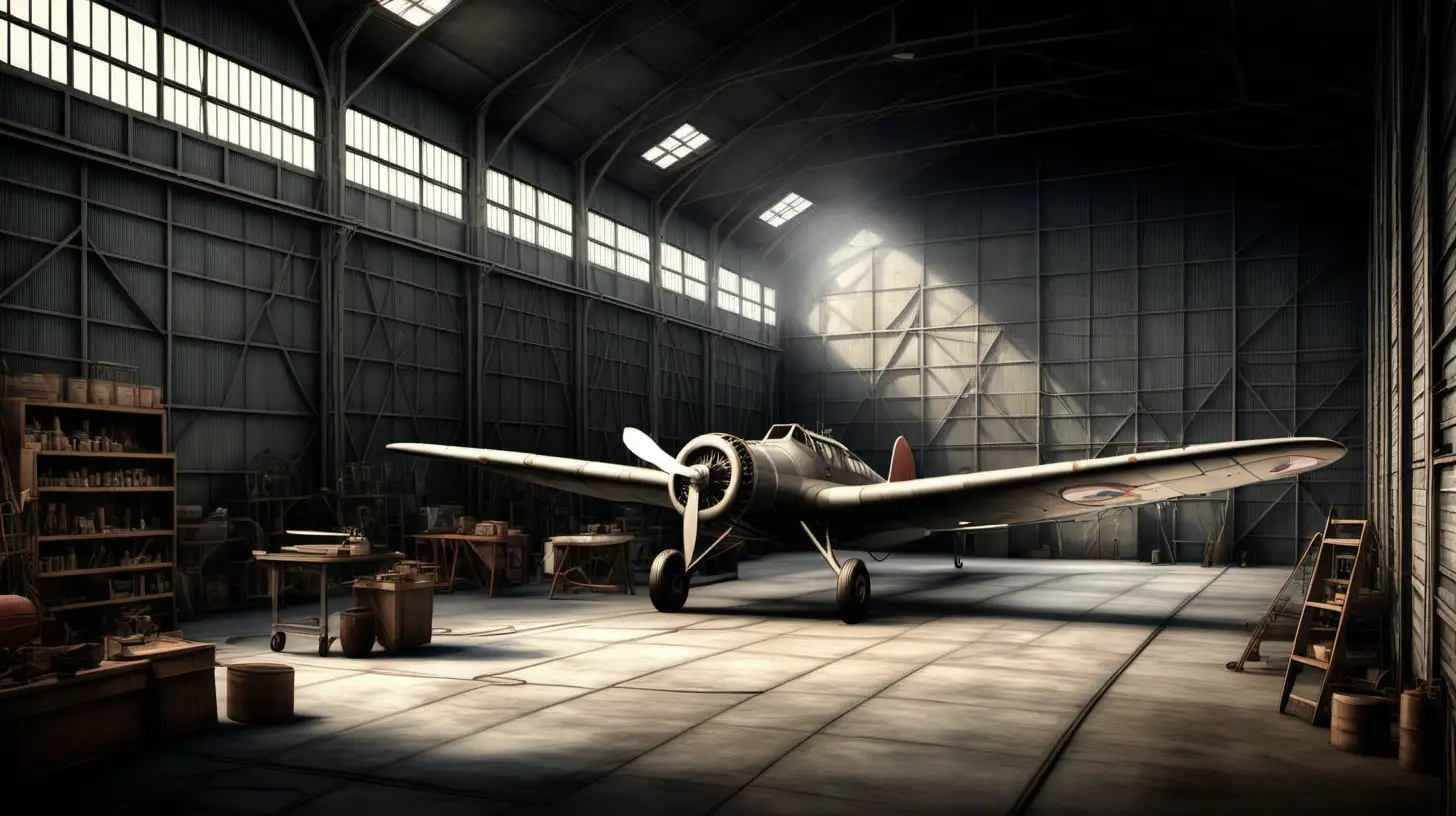 A high-resolution photorealistic set background of a aircraft hangar workshop from 1930s