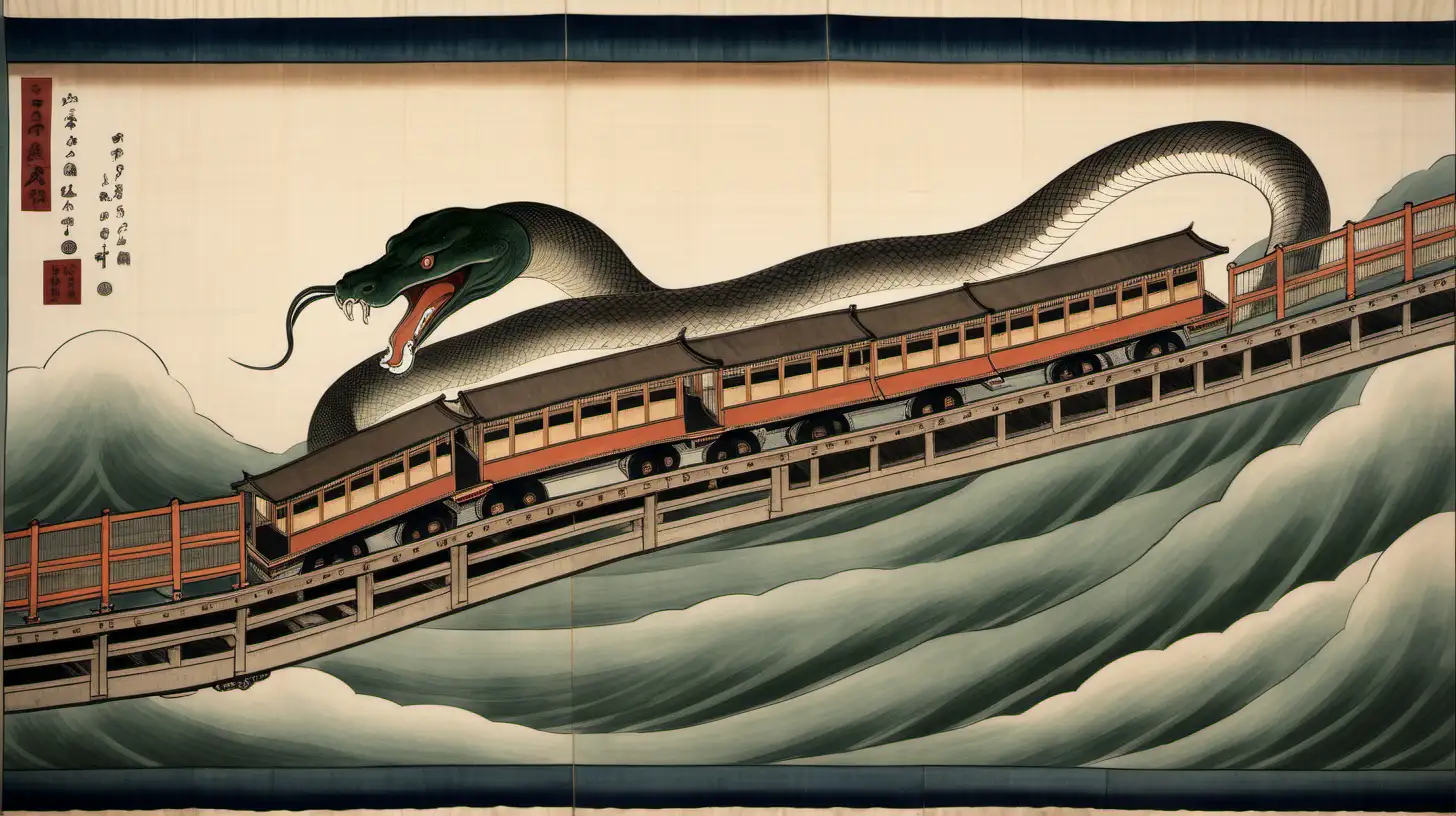 Japanese scroll painting, showing the giant snake Titanoboa attacking an elevated train, in tokyo, style is Japanese scroll painting in a simple dramatic medieval style