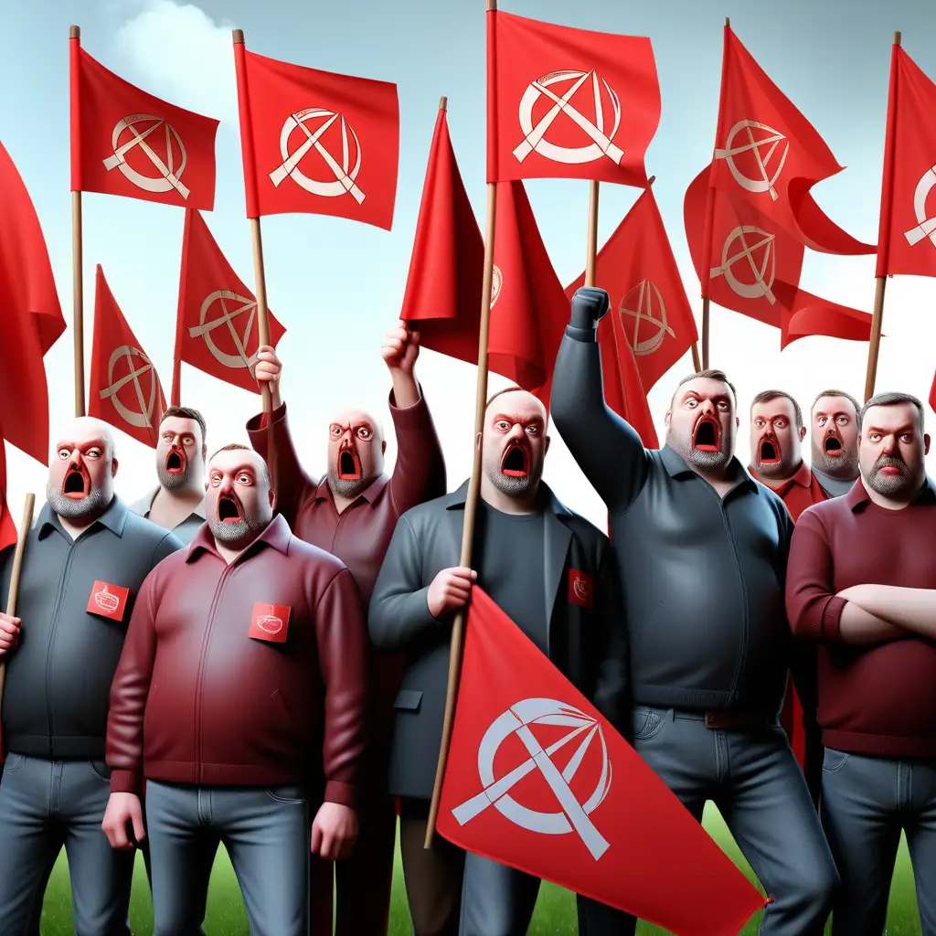 Triumphant Trade Union Members with Red Flags Celebrate Successful Strike in a Surrealistic Pub Scene