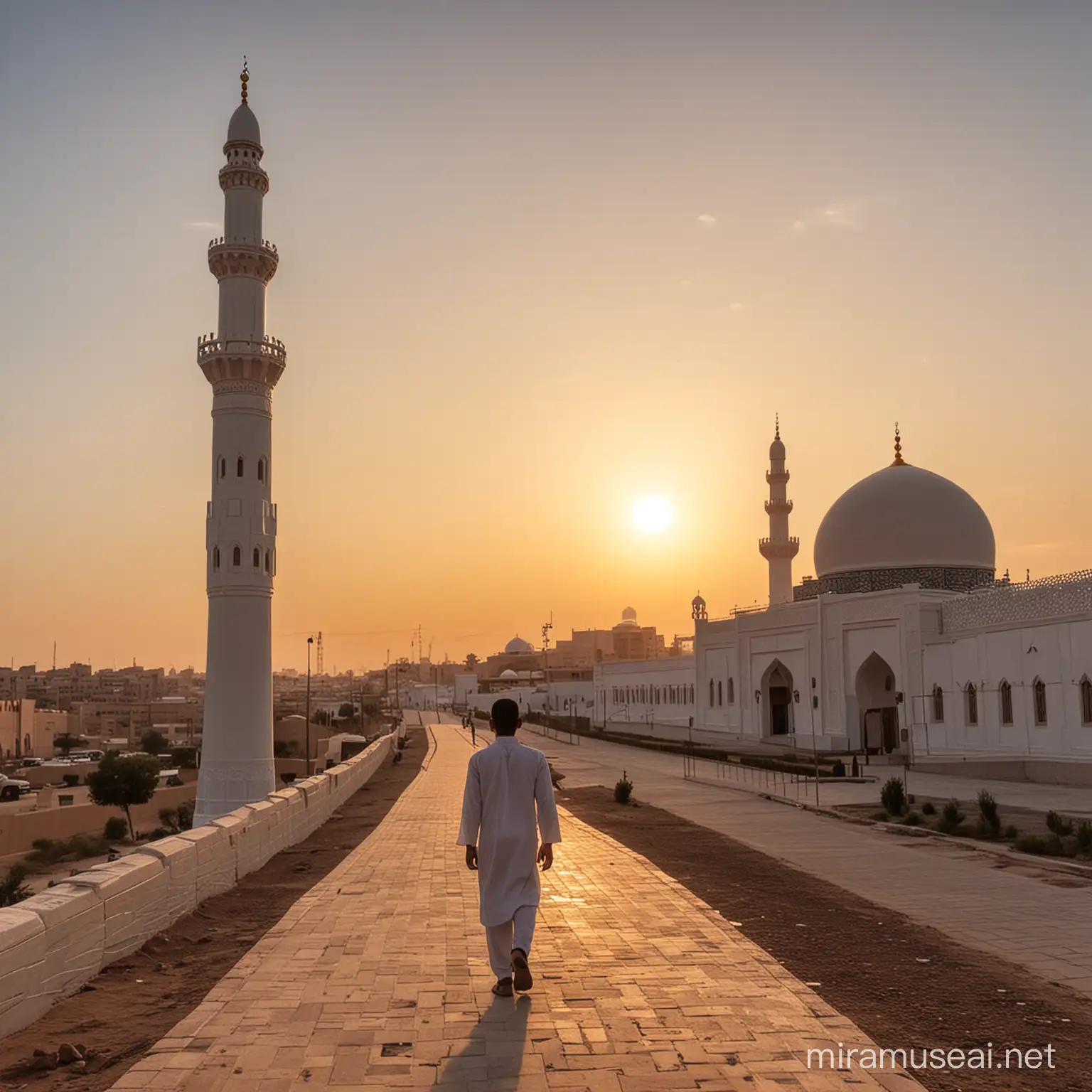 a muslim boy walking on a path to one mosque with a sunset
