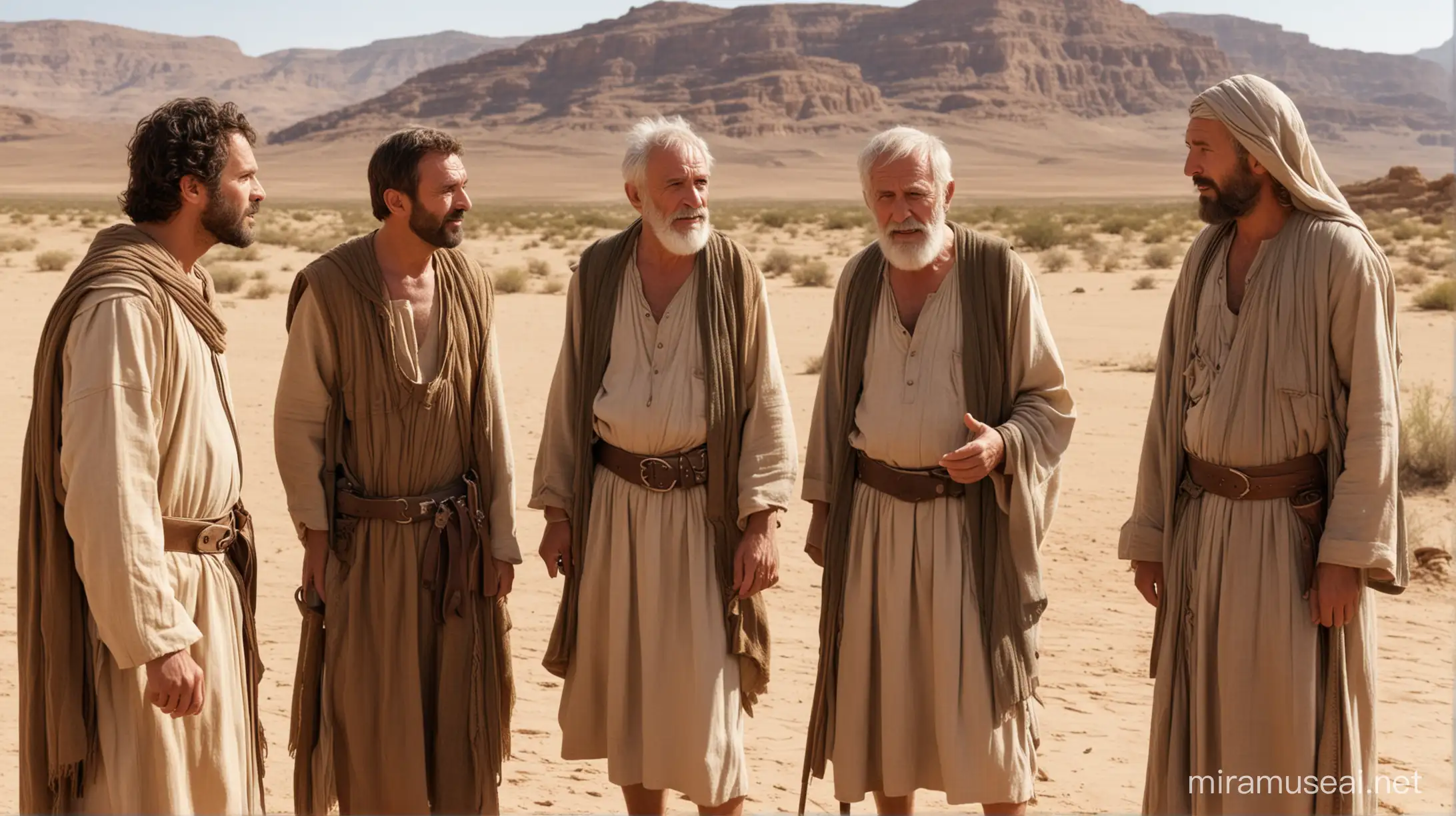 3 respectable and strong looking males  talking to an old man in the desert area set in biblical times