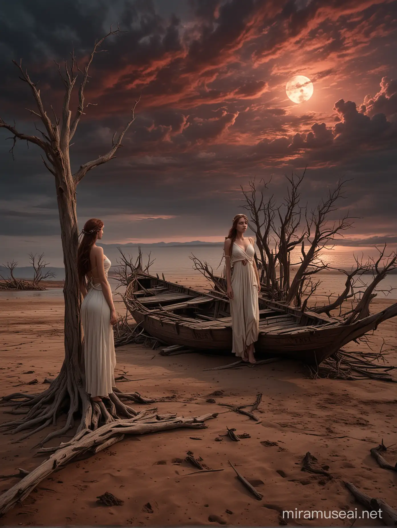 A lost old man and a beautiful virgin girl who resembles Aphrodite in the middle of a cracked desert in which dry tree trunks grow towards a horizon with black and dark red clouds at night, a moon, an old ship in the water, and an abandoned wooden hut on the shore of a lake in which crocodile heads swim.