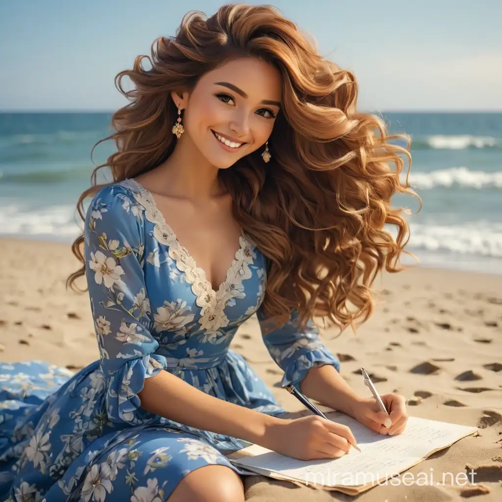 Красивая женщина пишет письмо на берегу океана. Женщина в красивом голубом платье в цветочек, с красивыми роскошными волосами. Она улыбается.