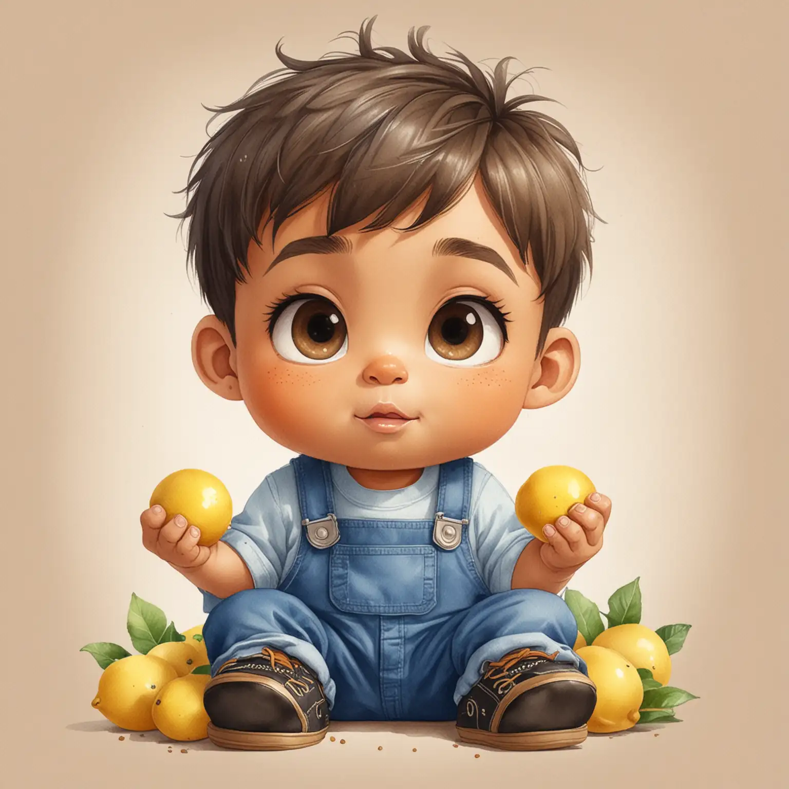Create a watercolor illustration of a chibi cartoon tan skin Hispanic boy baby. He is wearing a blue shirt and blue overalls with black shoes and sitting down holding lemons in his hands. Brown eyes. Extremely highly detailed brown short hair. White background