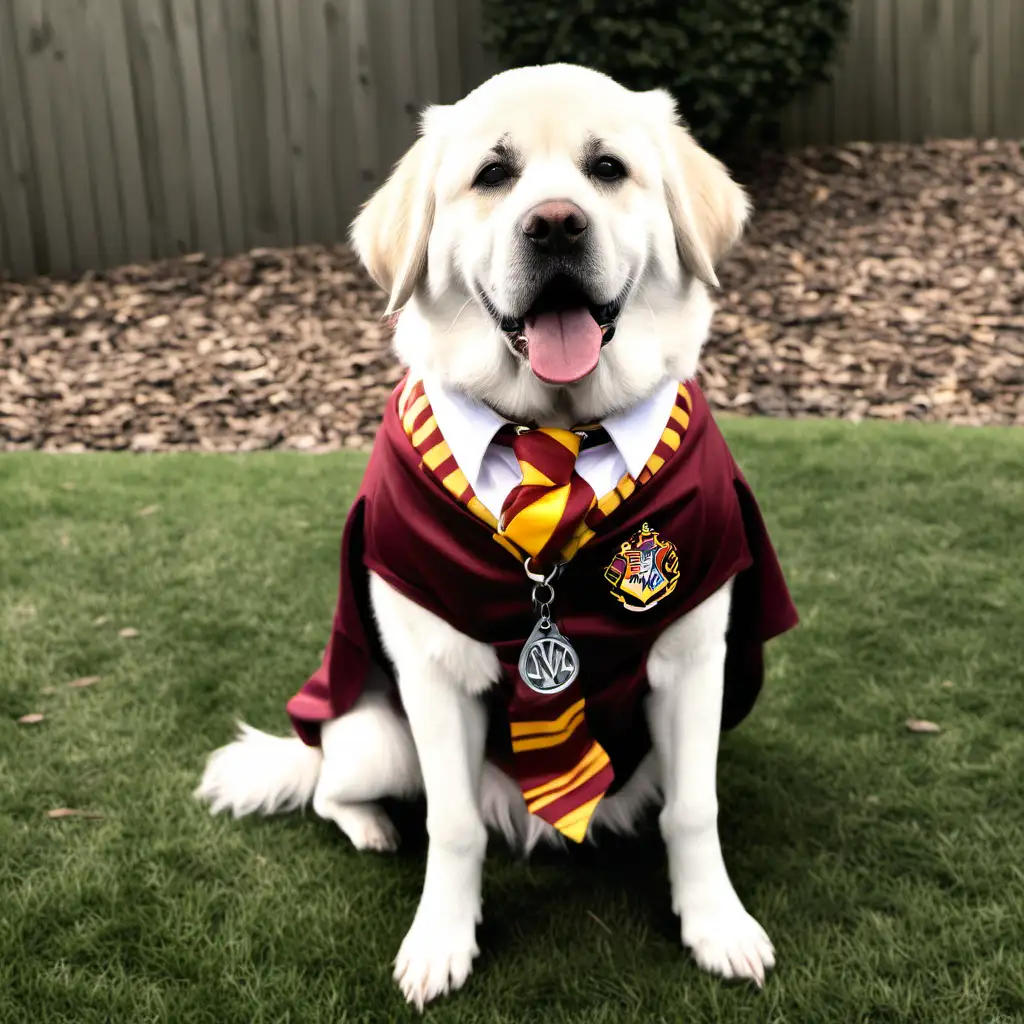 Dog in Harry Potter Costume Sitting with Collar and Tag