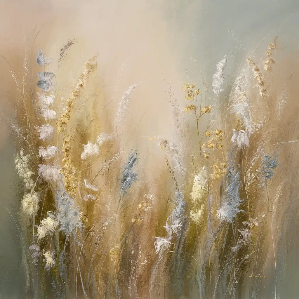  abstract painting, field of wild flowers, Soft shades of beige, taupe, cream and powder blue, form the backdrop, creating a sense of warmth and tranquility.