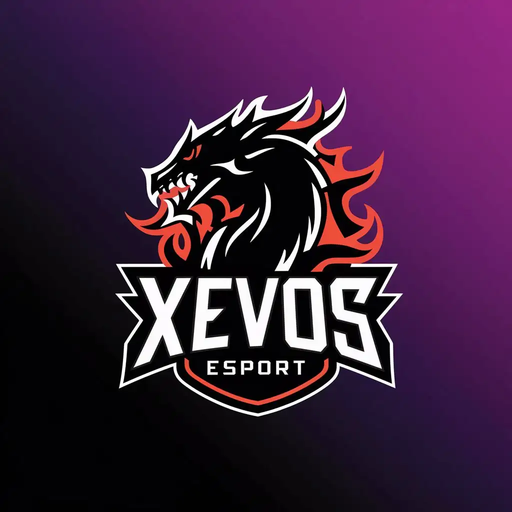 logo, black dragon with flame 2D logo, with the text "Xevos Esport", typography, be used in Entertainment industry