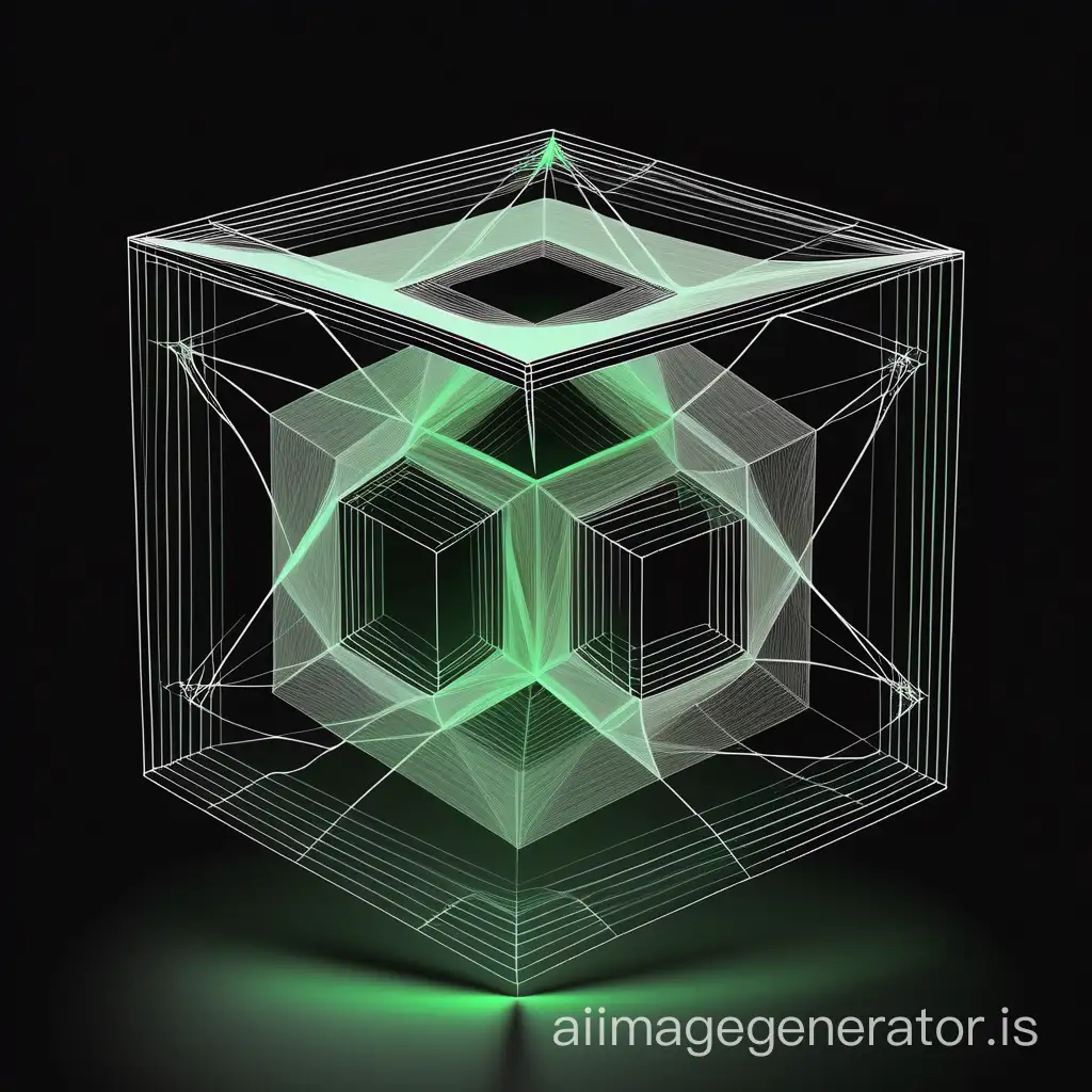 Line drawing, the mathematical expression of 2 cubed, unfolds in three-dimensional space, radiating, with a dark background, and no diffuse reflection of green light on the object's surface.