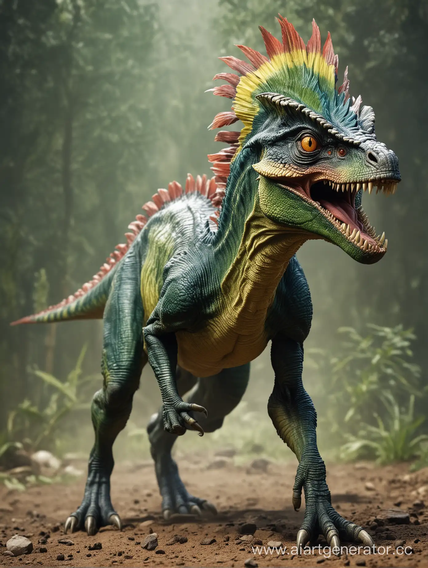 дилофозавр, зеленый, на охоте, агрессивный, воин, мощный, сильный, мускулистый