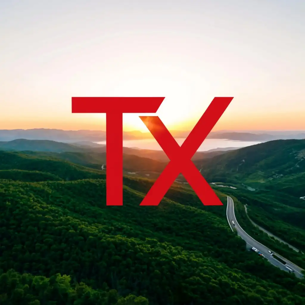 a logo design,with the text "TX", main symbol:A logo design.The background behind the text is realistic, has a super car on a road with trees and a beautiful view. The main colors should be red and black,Minimalistic,be used in Travel industry,clear background