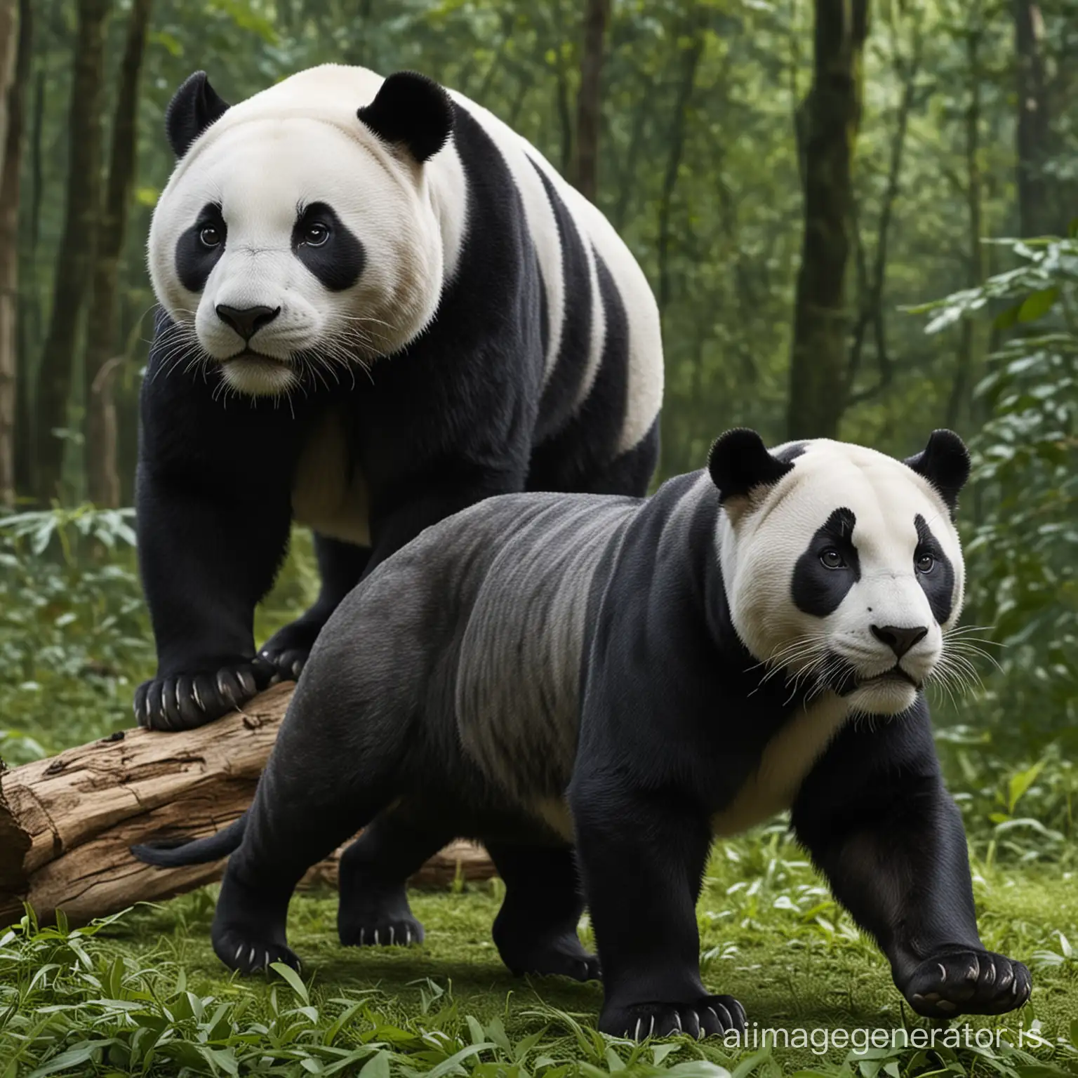 Please build an animal from the combination of a panda and a panther, with the forest at the back