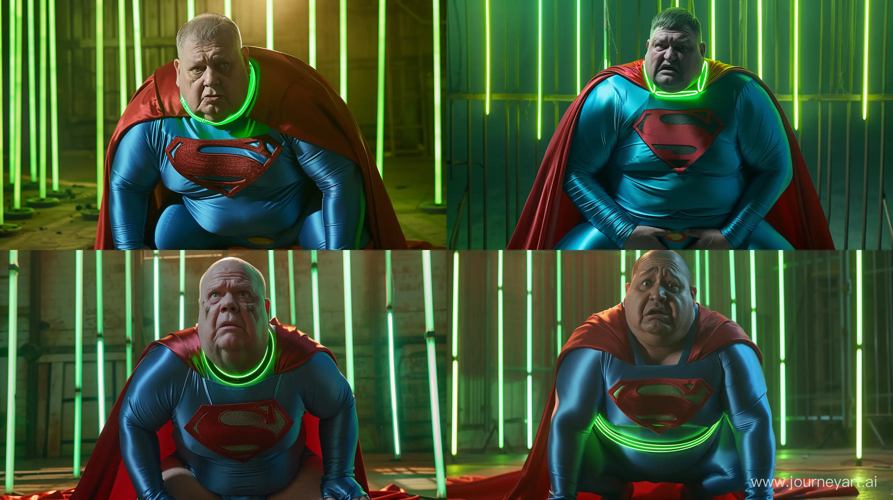 Close-up photo of a worried fat man aged 60 wearing a silk blue superman tight costume with a large red cape and a tight green glowing neon dog collar. Knees touching ground. Against green glowing green neon bars. Natural light. --style raw --ar 16:9