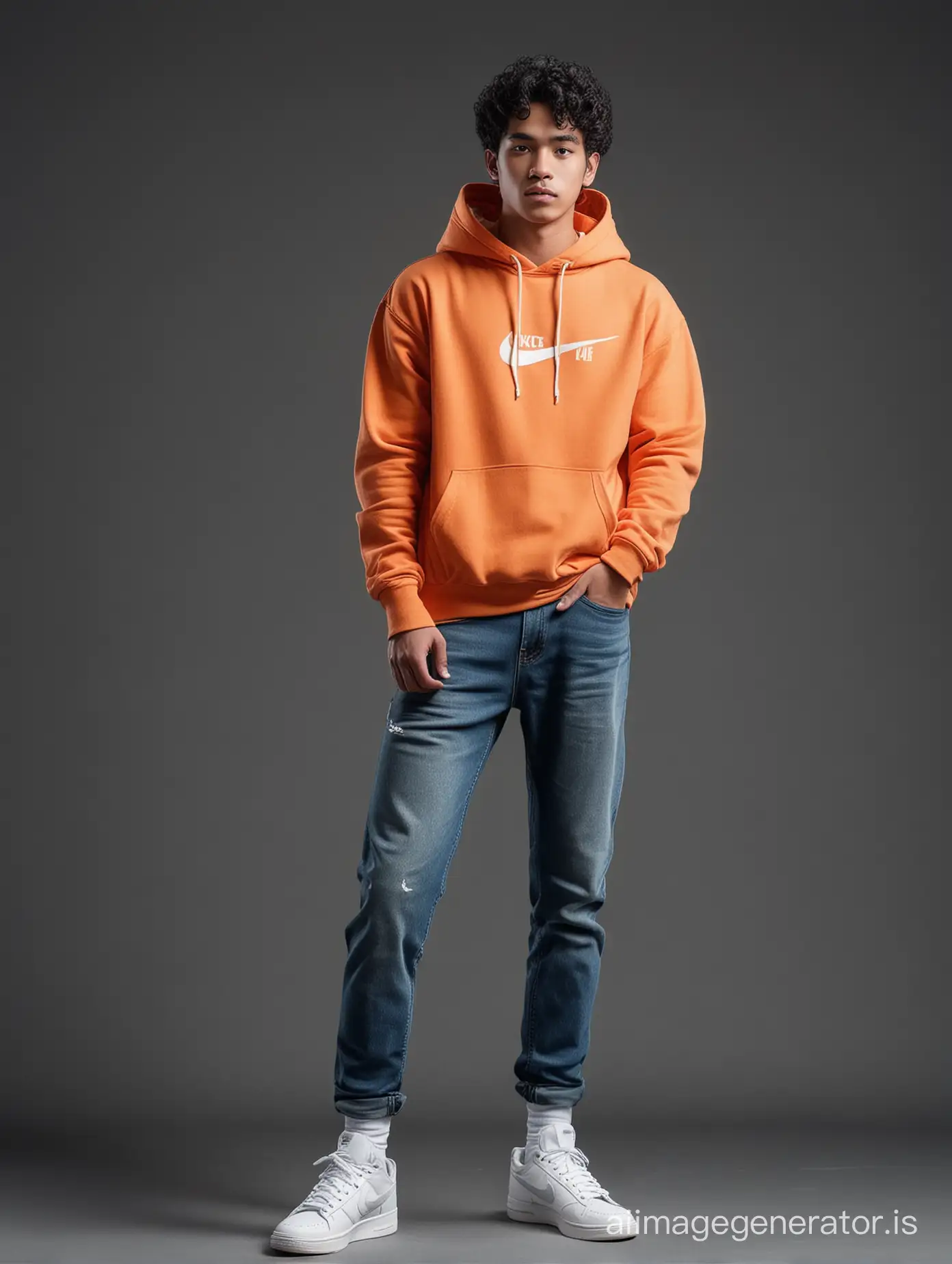 A handsome young indonesian, wearing an orange hoodie with faded blue jeans. Standing for photoshot, of nike white sneakers. Black short neat fine curly hair. Macho and cute photo. Background charcoal blue. 16K UHD.