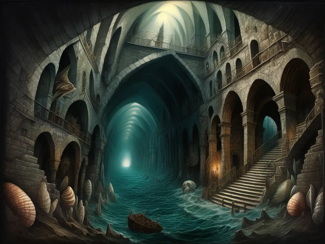 sea, narrow stone passageways,  narrow stone stairs, giant fish mouthbuilding, giant shell building, dark city inside a cavern, Medieval fantasy painting