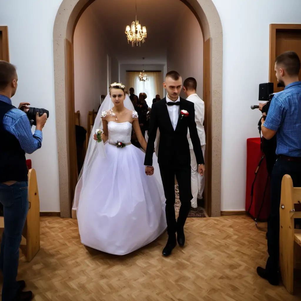 para Młoda Polska  która wchodzi pewnym krokiem  na sale weselna  w której już czekają na nich goście weselni 
