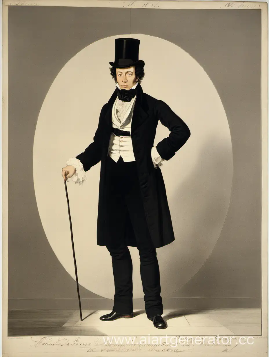 На переднем плане изображен Александр Сергеевич Пушкин, стоящий во весь рост. Он одет в черный сюртук, белый жилет и черные брюки. На его голове цилиндр, а в руках он держит трость. Он стоит на белом фоне. Лицо Пушкина на портретах Тропинина и Кипренского. 