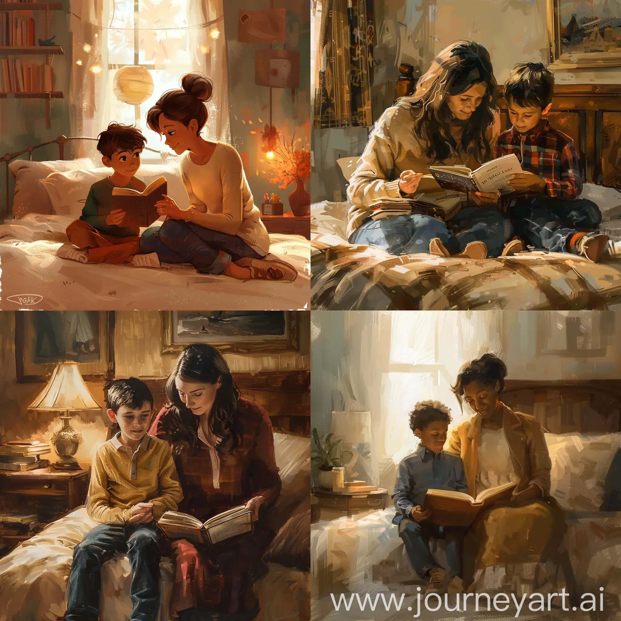 一间卧室，温馨的画面，母亲与儿子坐在床上，儿子手拿一本书，二人共同阅读。