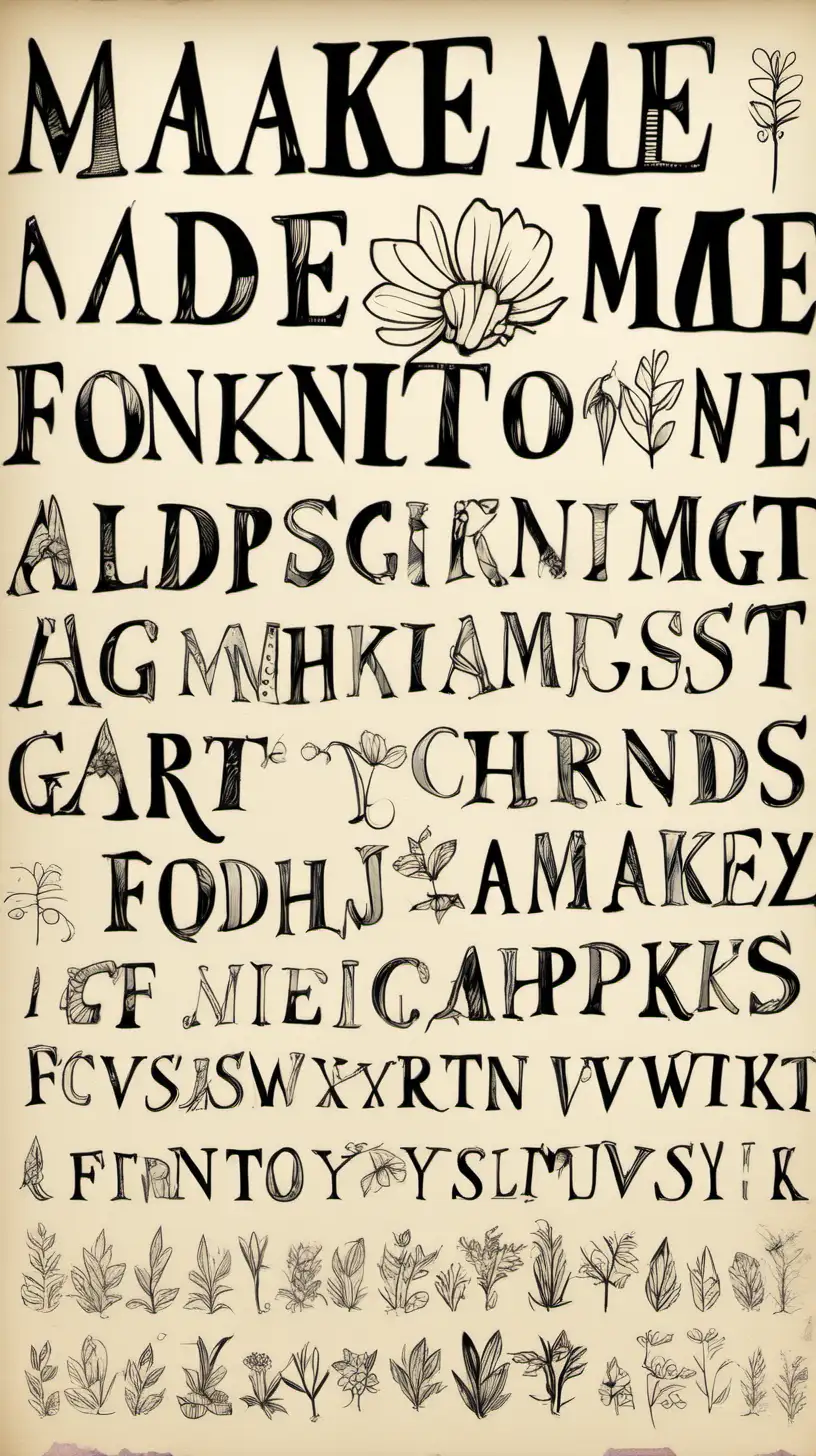 Make Me Font, a freehand alphabet made with love, with large capital letters on one side with a rough edge. I want it to evoke a garden, using markers to create handmade posters with fading colors or black and white. I want a font family pack that contains all the basic characters.