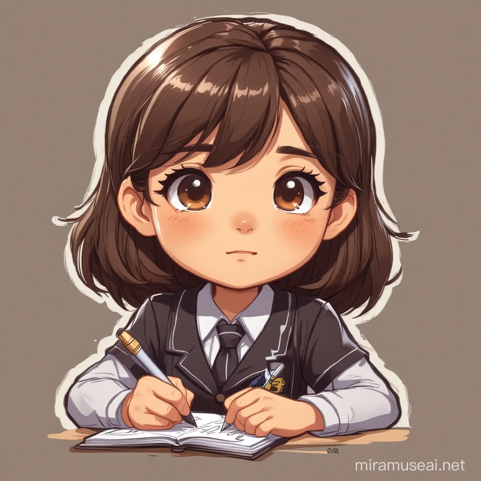 girl, wearing school uniform, writing, cartoon sticker style, high level detail, dark brown colored hair