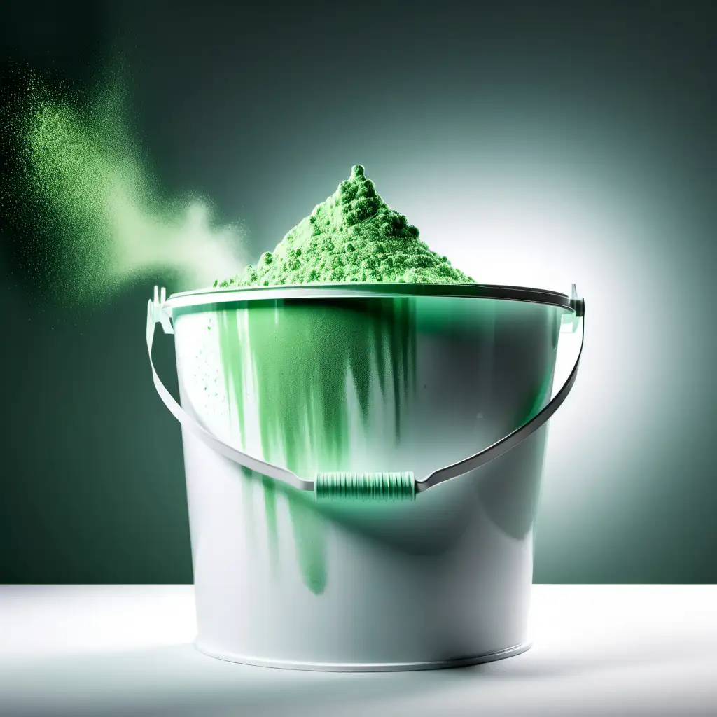 Vibrant Green Powder in Sleek Transparent Bucket Exciting 4K Studio Display