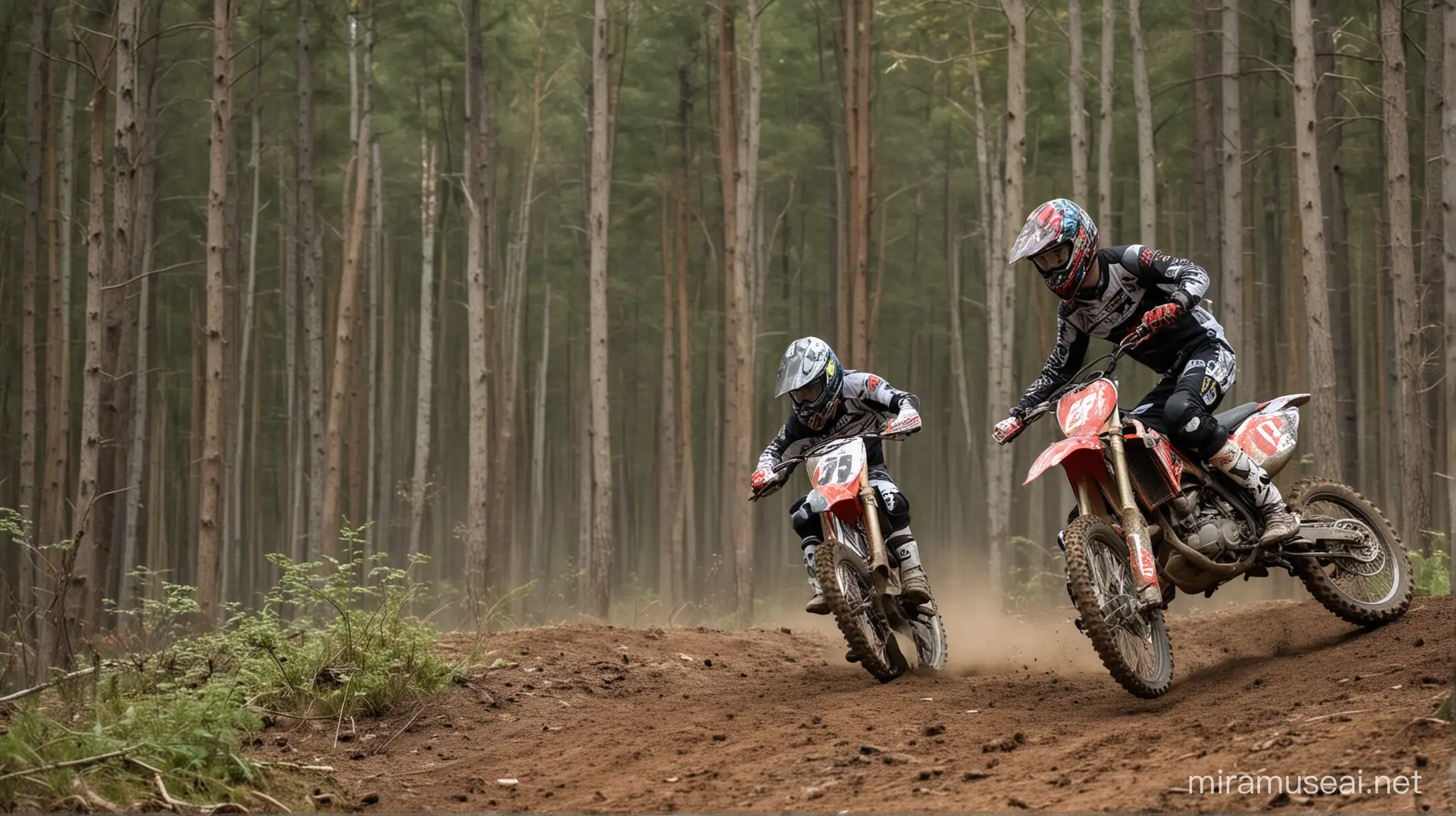 deux jeunes, motocross, forêt