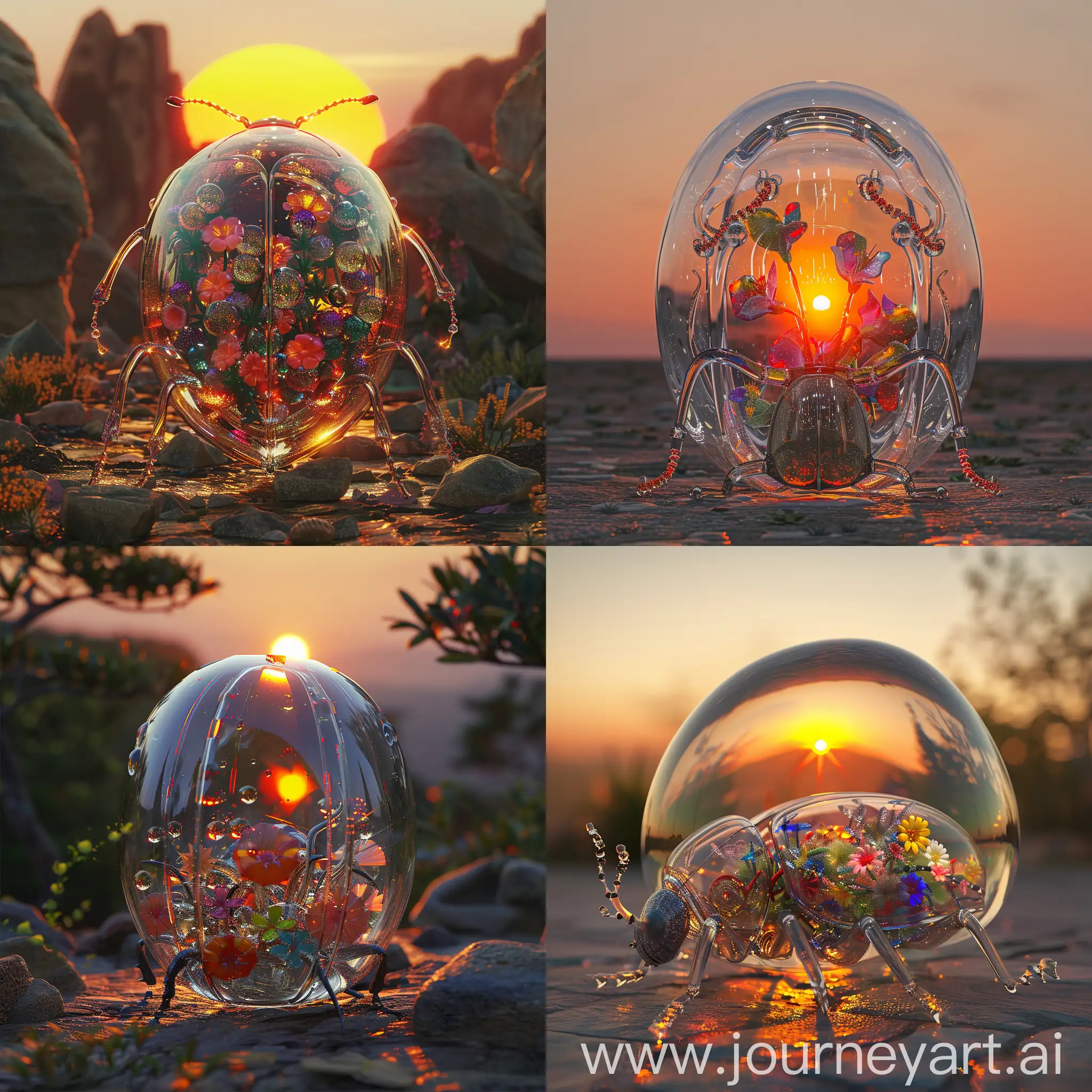 In the center of the scene, a very detailed hollow glass insect beetle made entirely of shiny, thin transparent glass . Inside the beetle, we can see mini multicolored flowers. The orange setting sun illuminates the beetle. Scene expressing tranquility and an Asian Zen atmosphere. hyperrealistic, 3D,  8K HDR, high resolution,