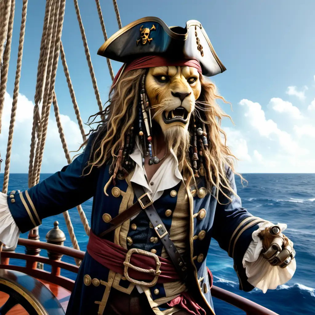 A lion with Johnny Depp's iconic pirate outfit from "Pirates of the Caribbean," sailing on a ship in the middle of the sea.
