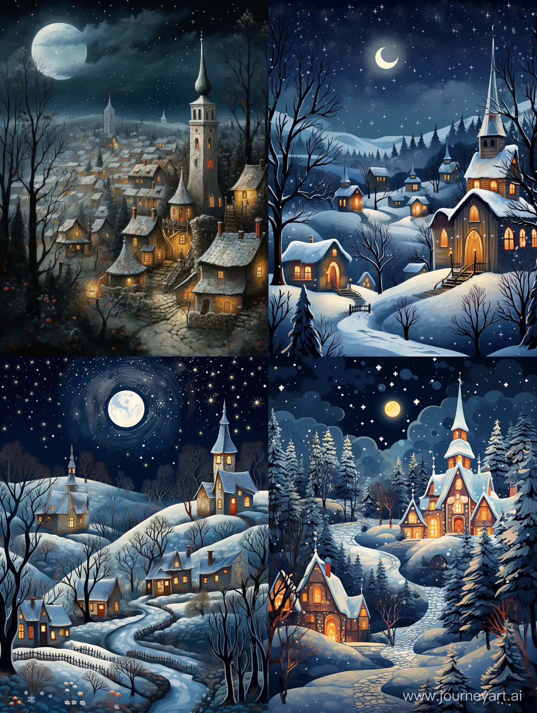 Christmas moonlit night, folk festivities, ancient village, beautiful church
