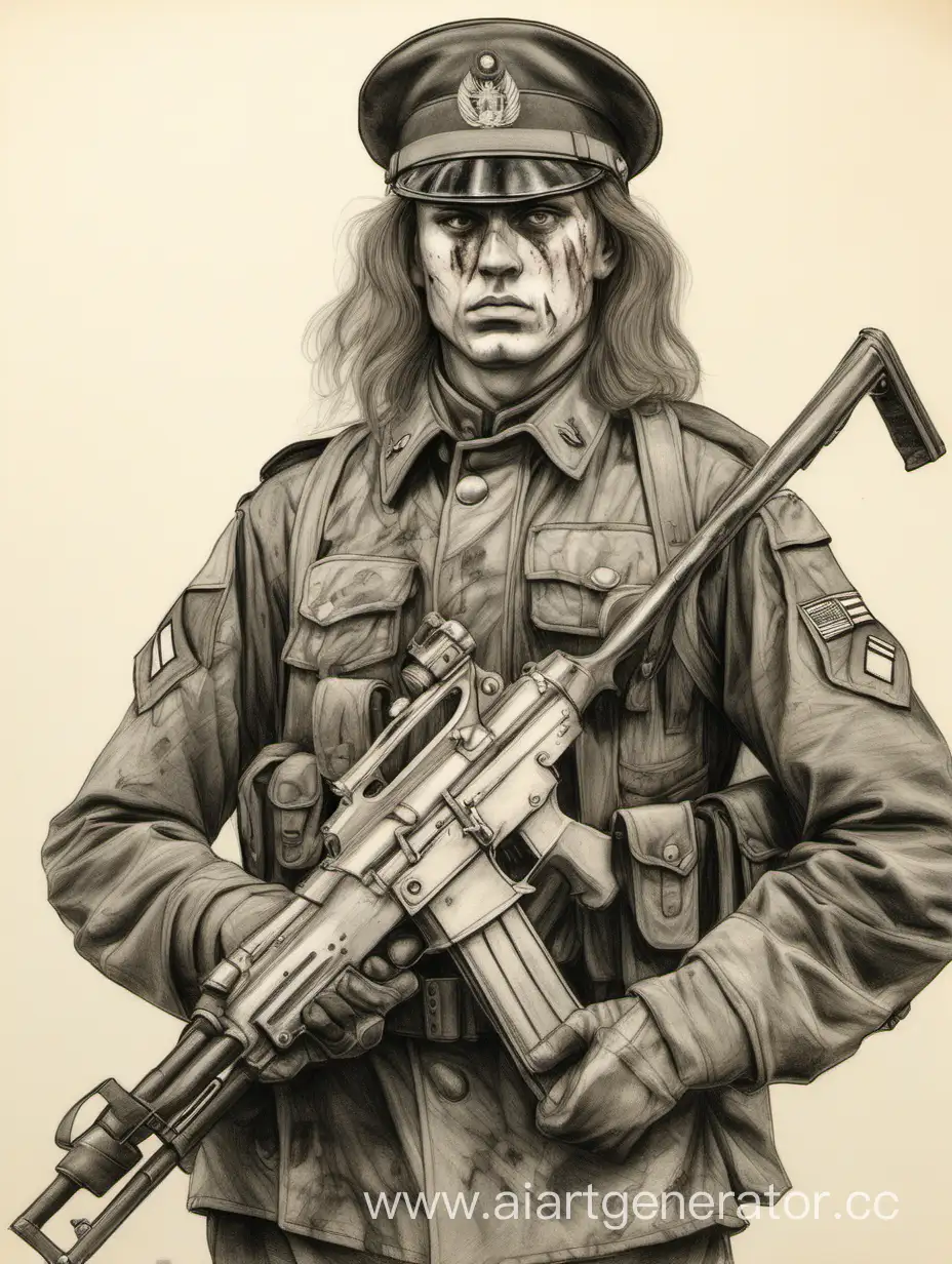 солдат в военной форме, длинные волосы, с винтовкой, огромные синяки под глазами, нарисованно карандашом, в полный рост
