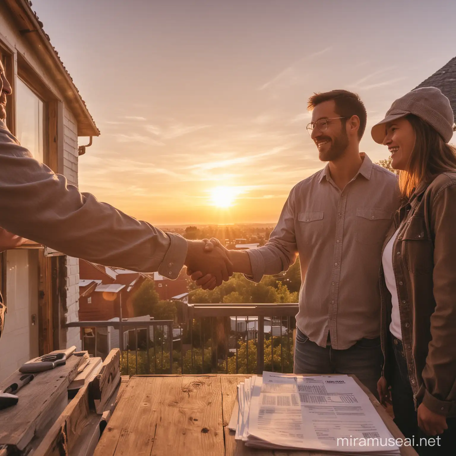 Home Renovation Agreement Contractor and Homeowner Handshake at Sunset