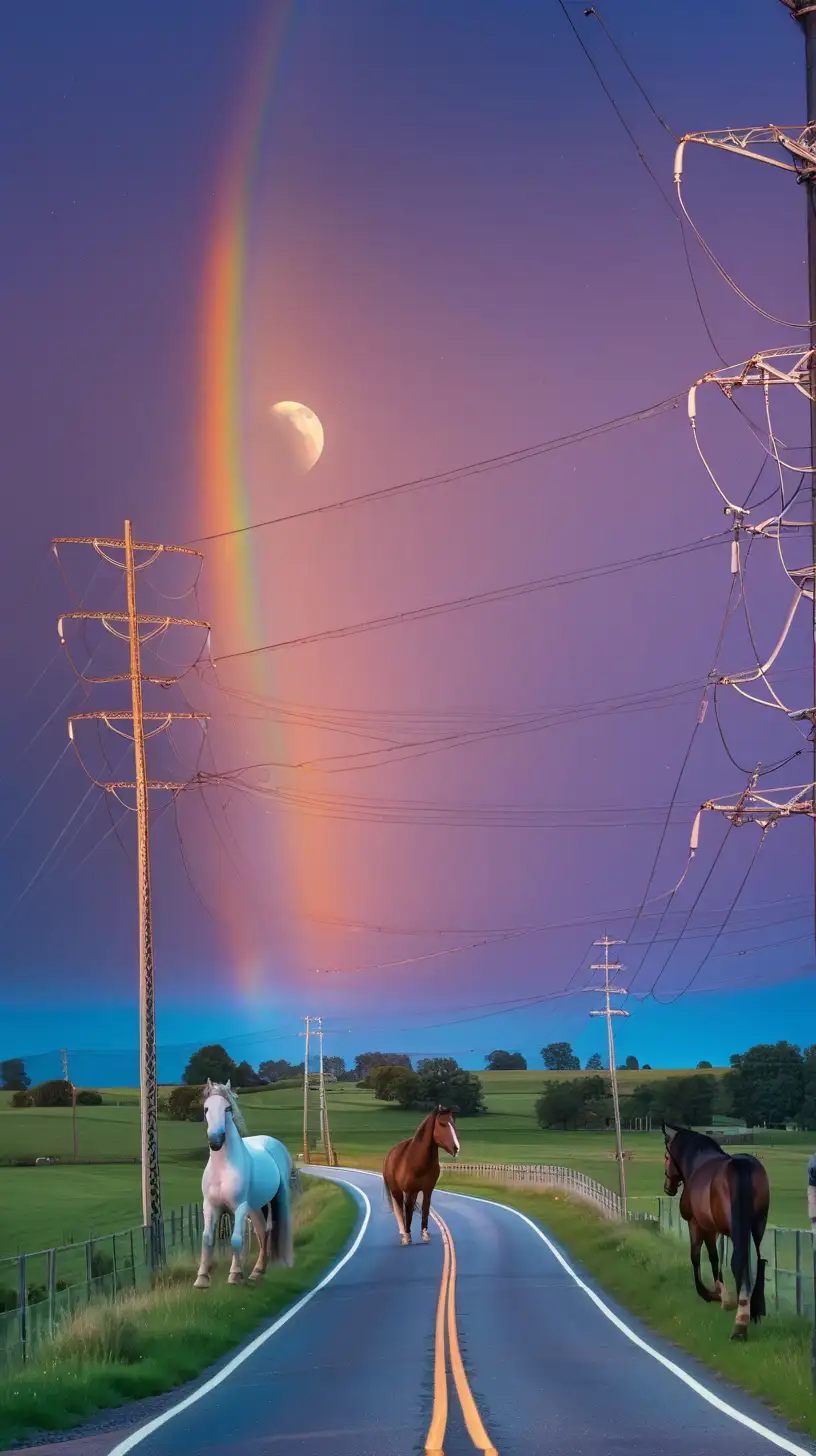 dusk, road, power lines glowing,  rainbows, two moons, pretty, horses